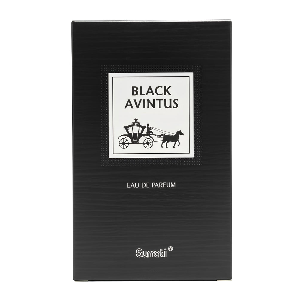 Black rectangular perfume box with a white central label reading 'BLACK AVINTUS' and 'EAU DE PARFUM', plus the Surreti brand name near the bottom, shown on a white background.