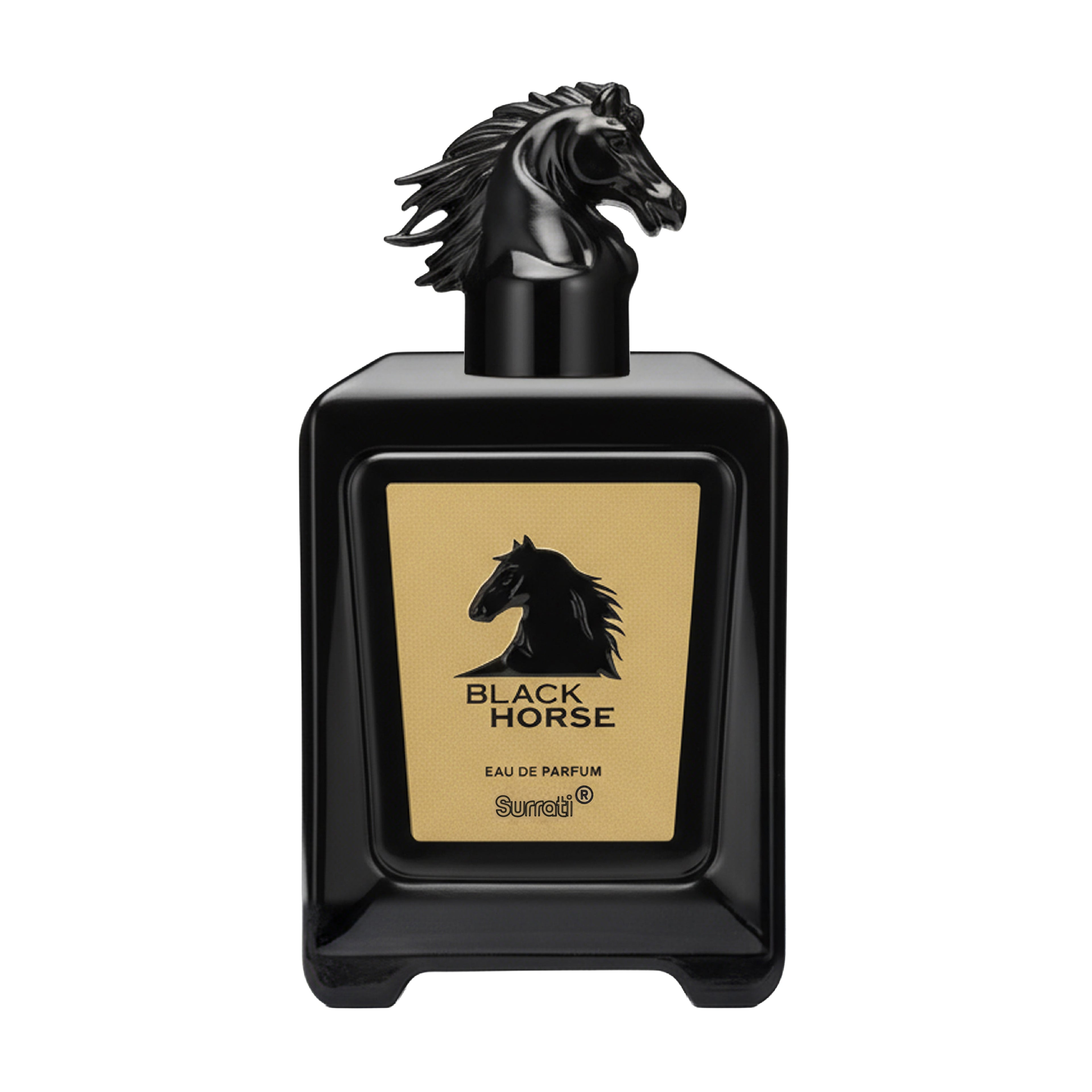 Black horse-shaped perfume bottle with gold label on a white background