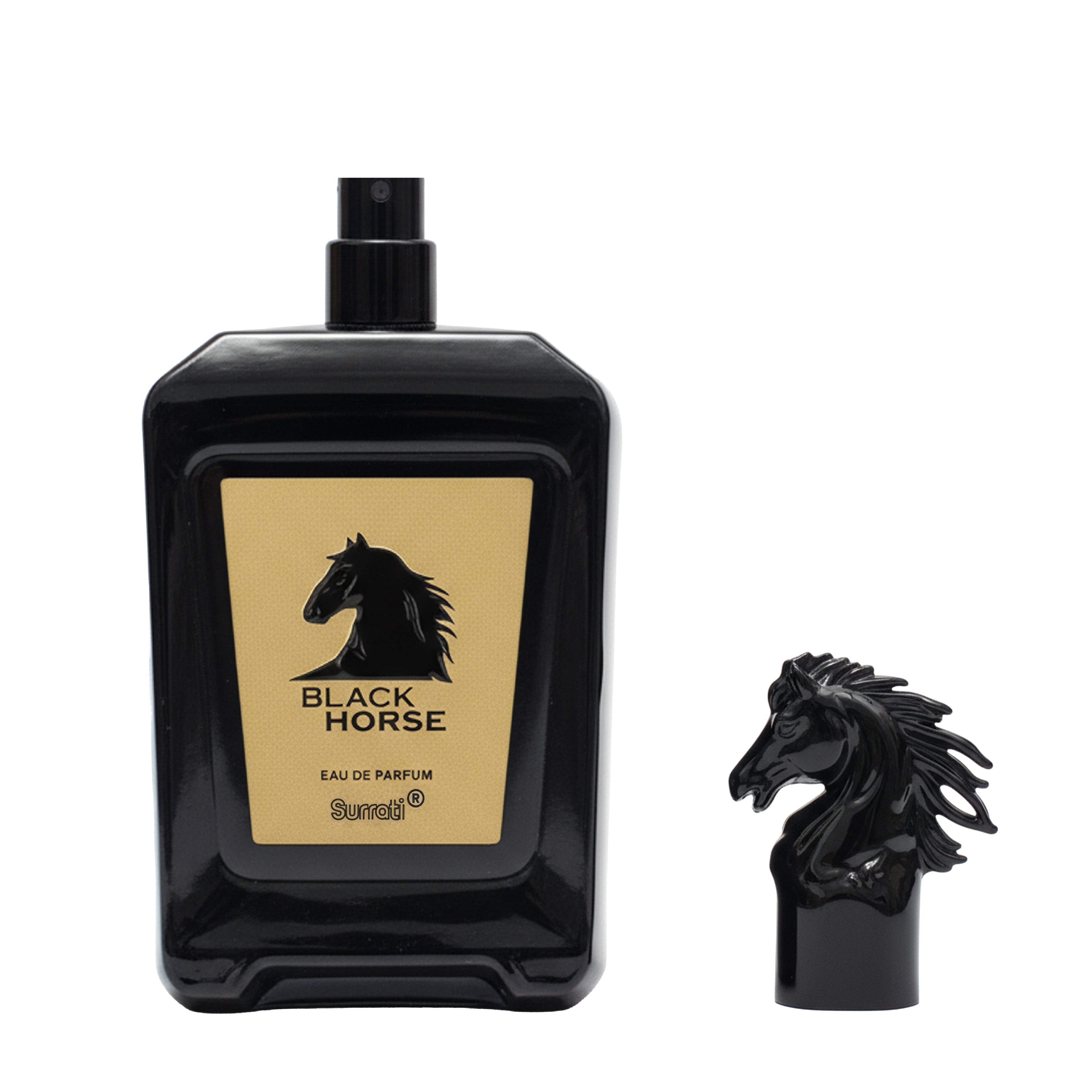 Black Horse perfume bottle with horse design on a white background