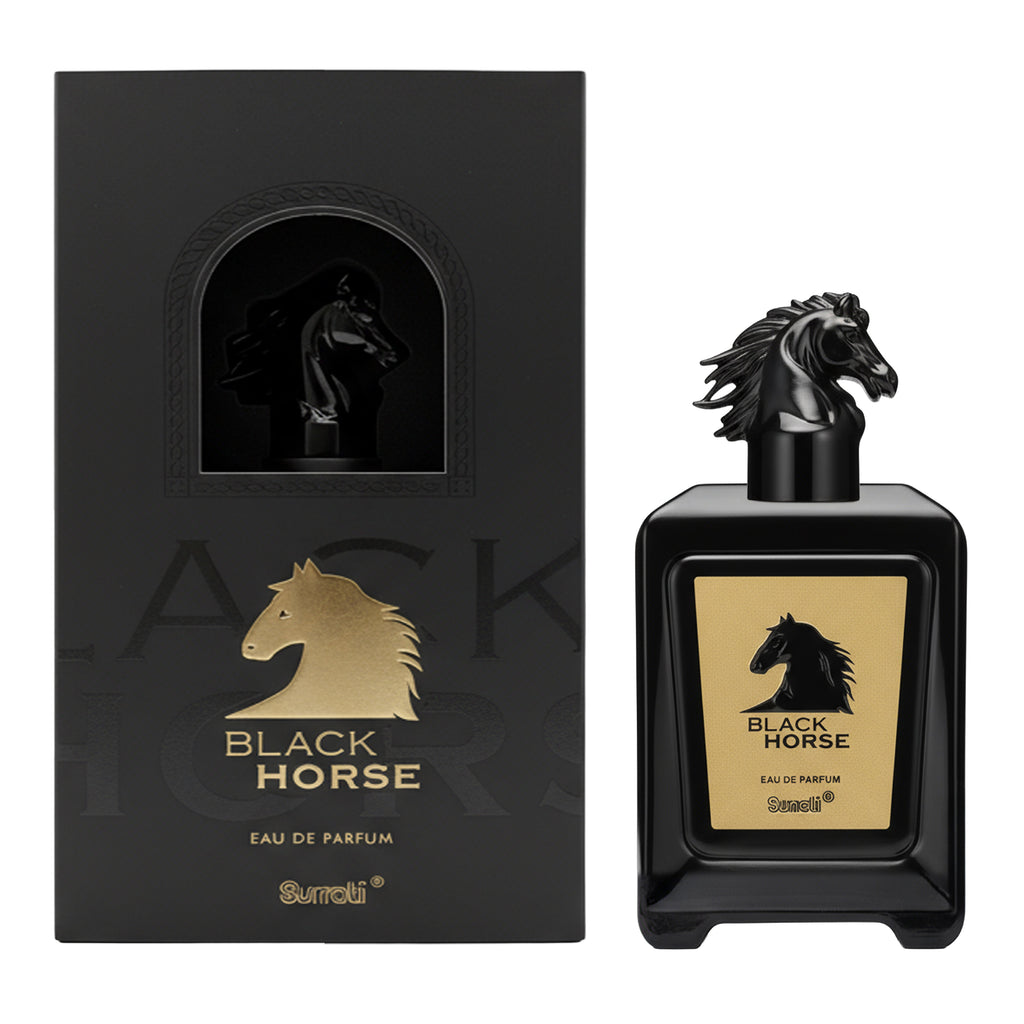 Black Horse perfume bottle and packaging with horse design on a white background