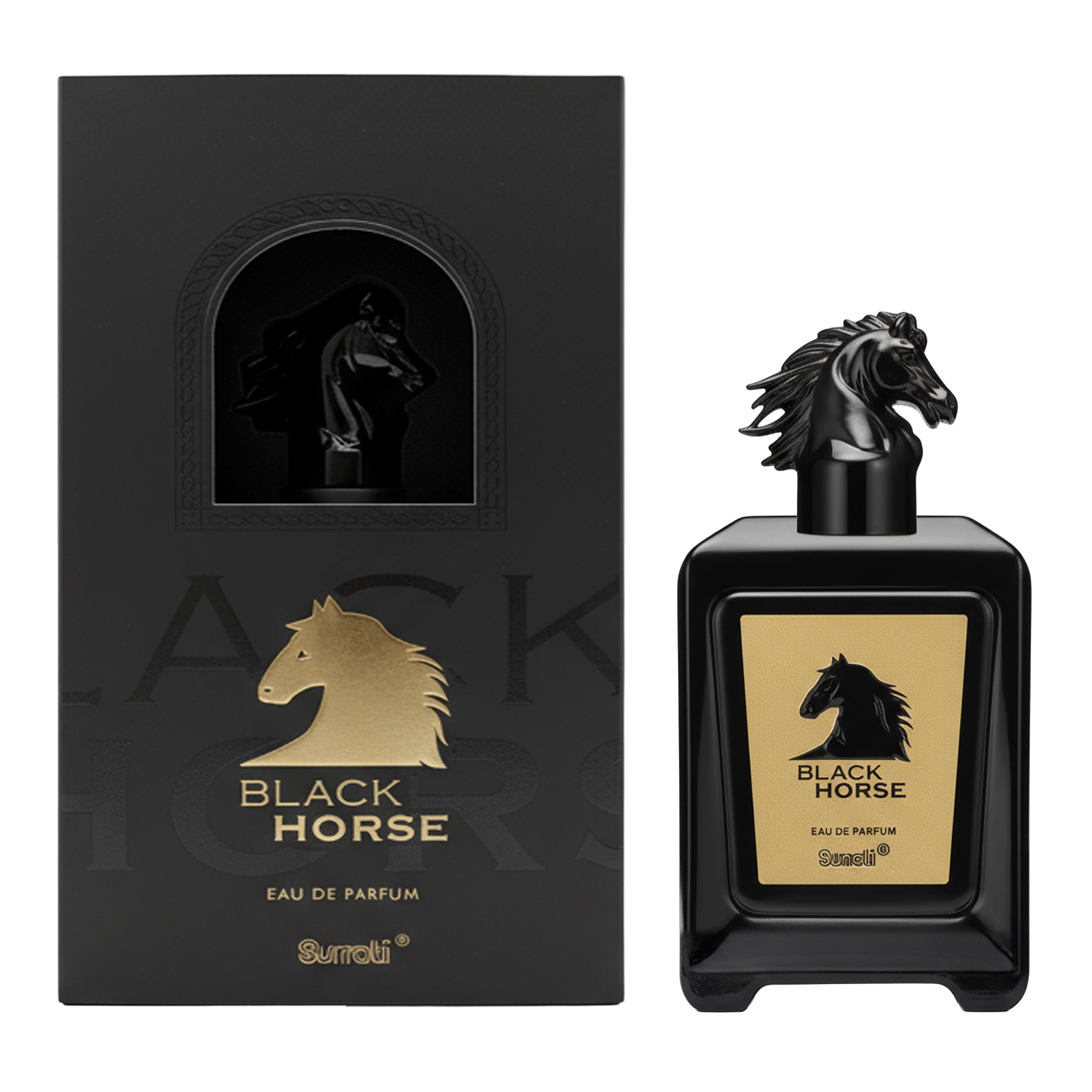 Black Horse perfume bottle and packaging with horse design on a white background