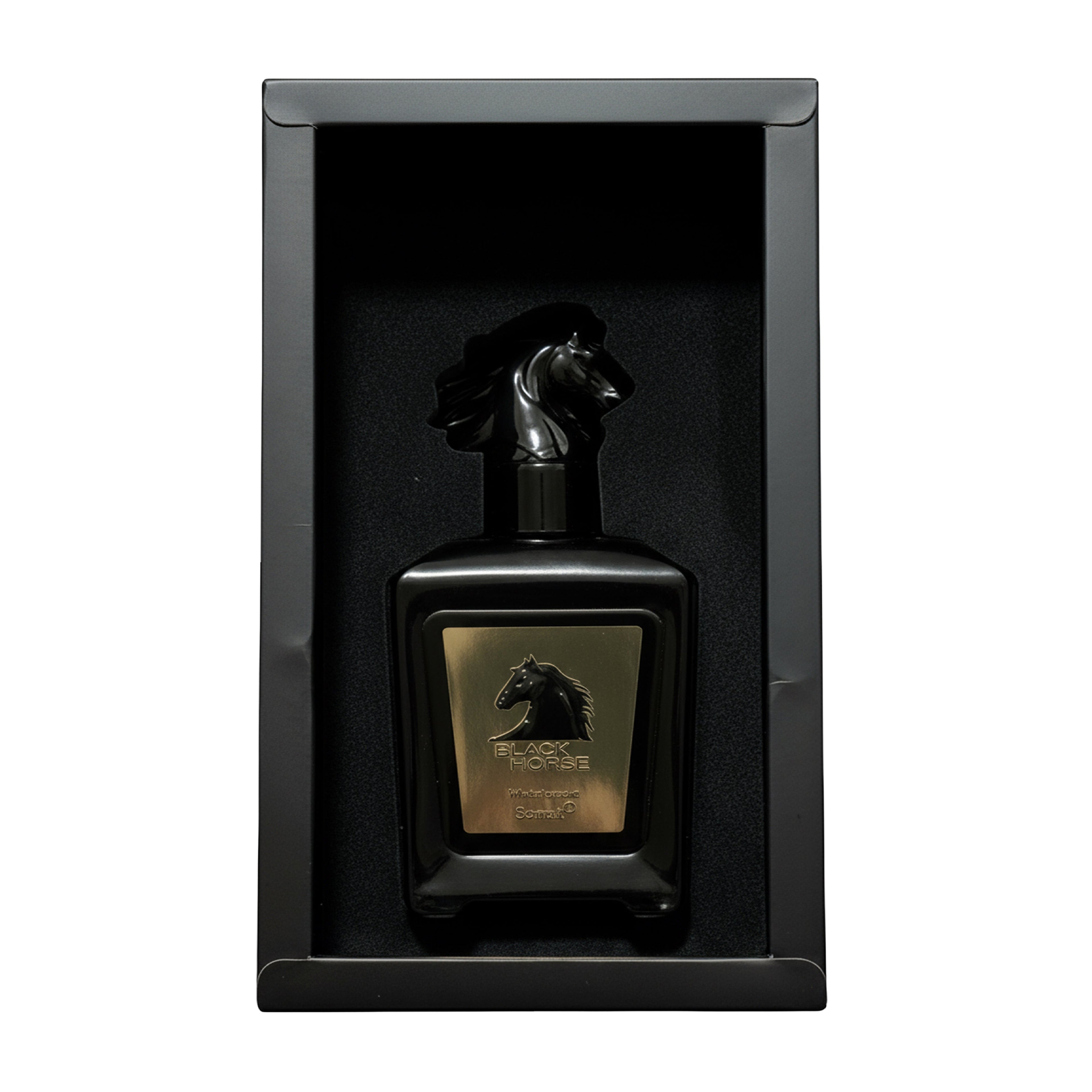 Black horse perfume bottle in a black box on a white background