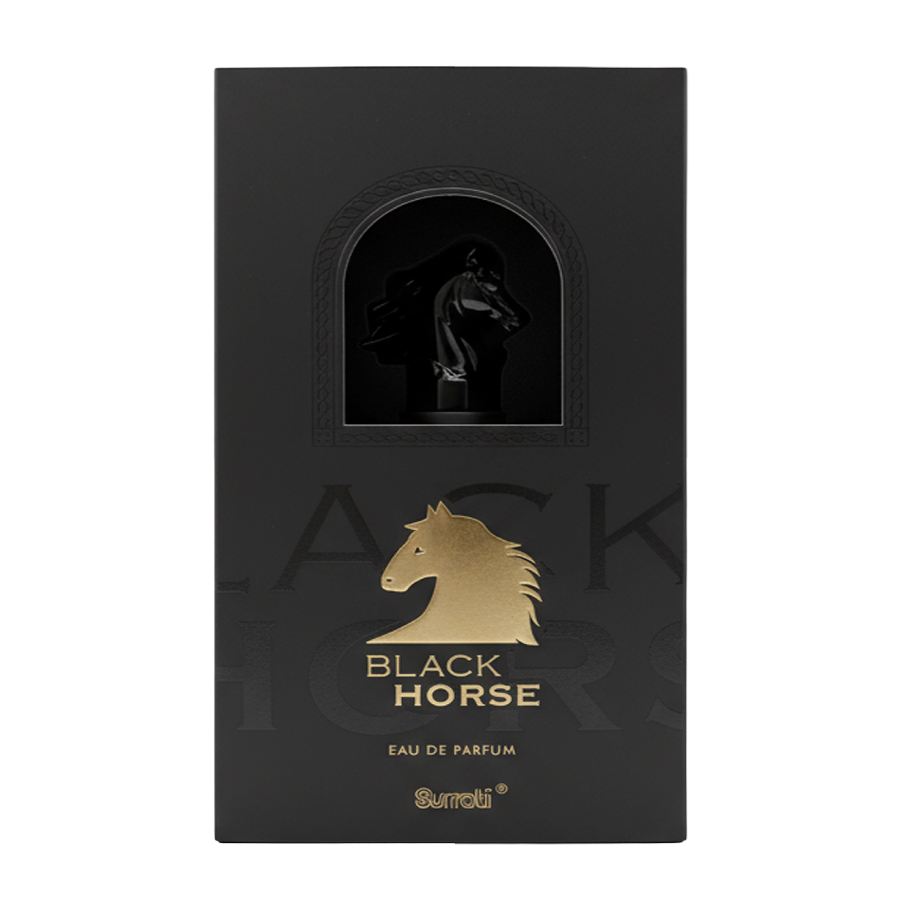 Black and gold packaging of 'Black Horse' eau de parfum with horse logo.