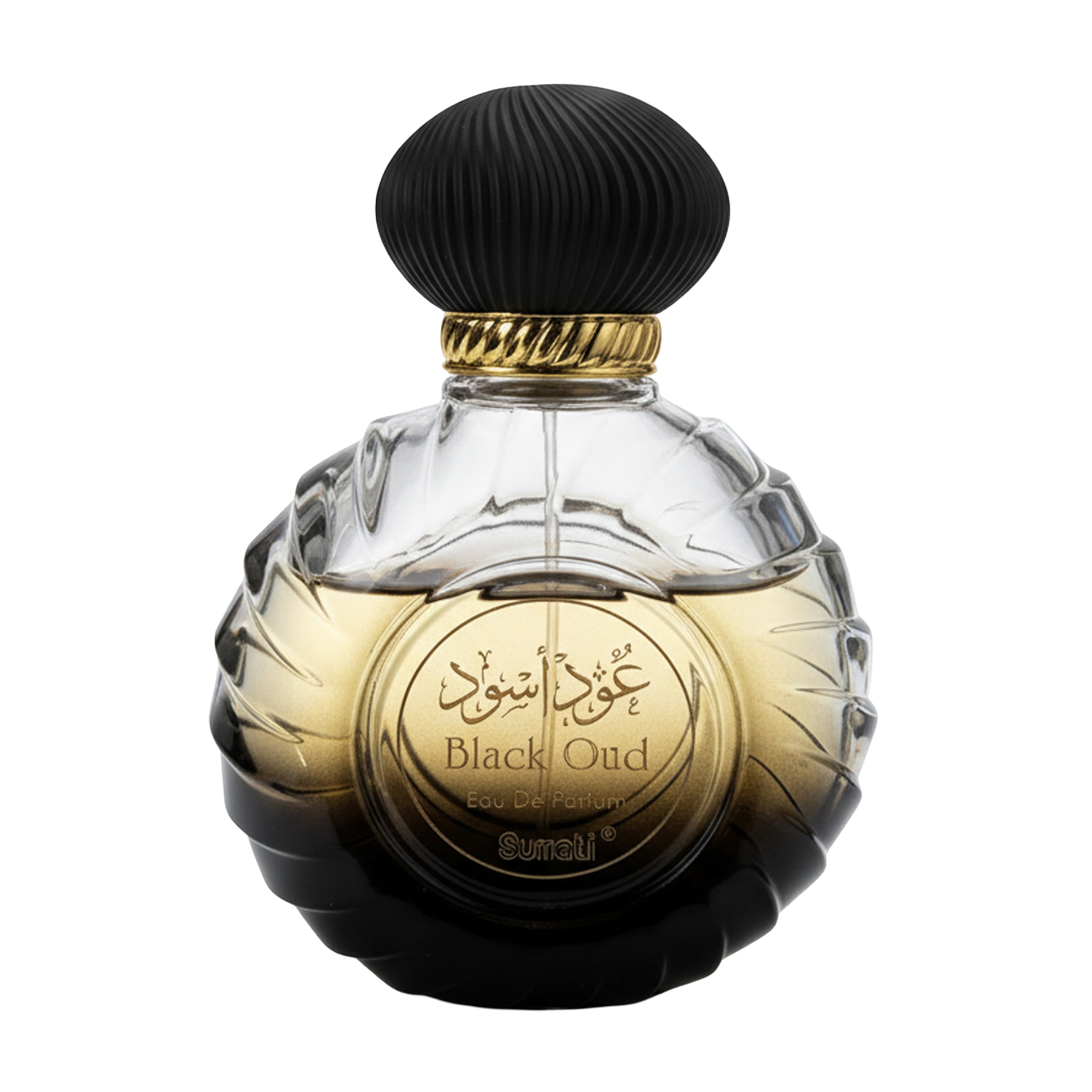 Perfume bottle labeled 'Black Oud' by Sumali on a white background