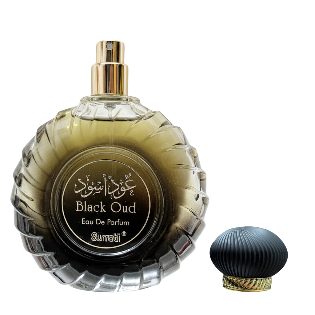 Surrati Black Oud perfume bottle with gold cap on a white background