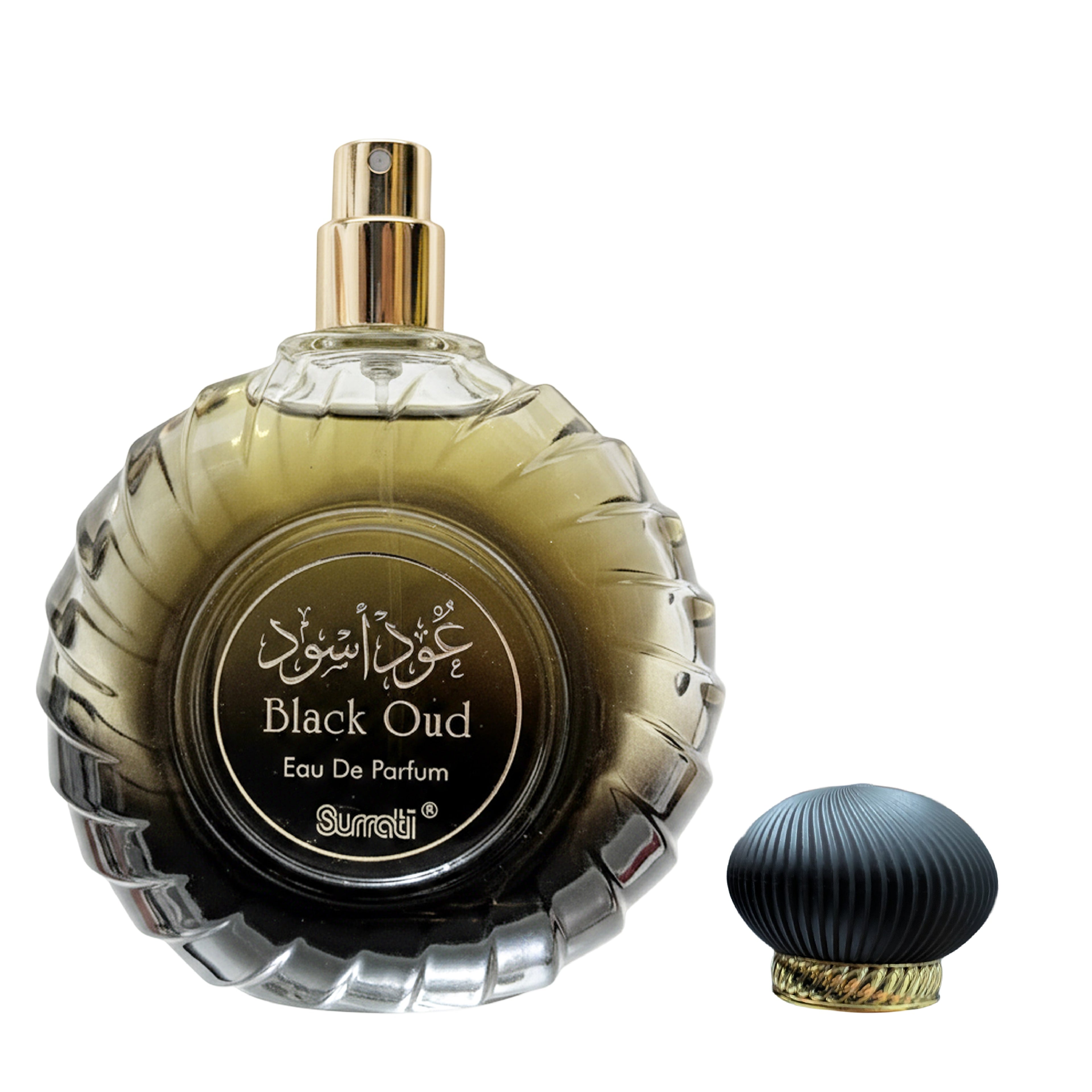 Surrati Black Oud perfume bottle with gold cap on a white background