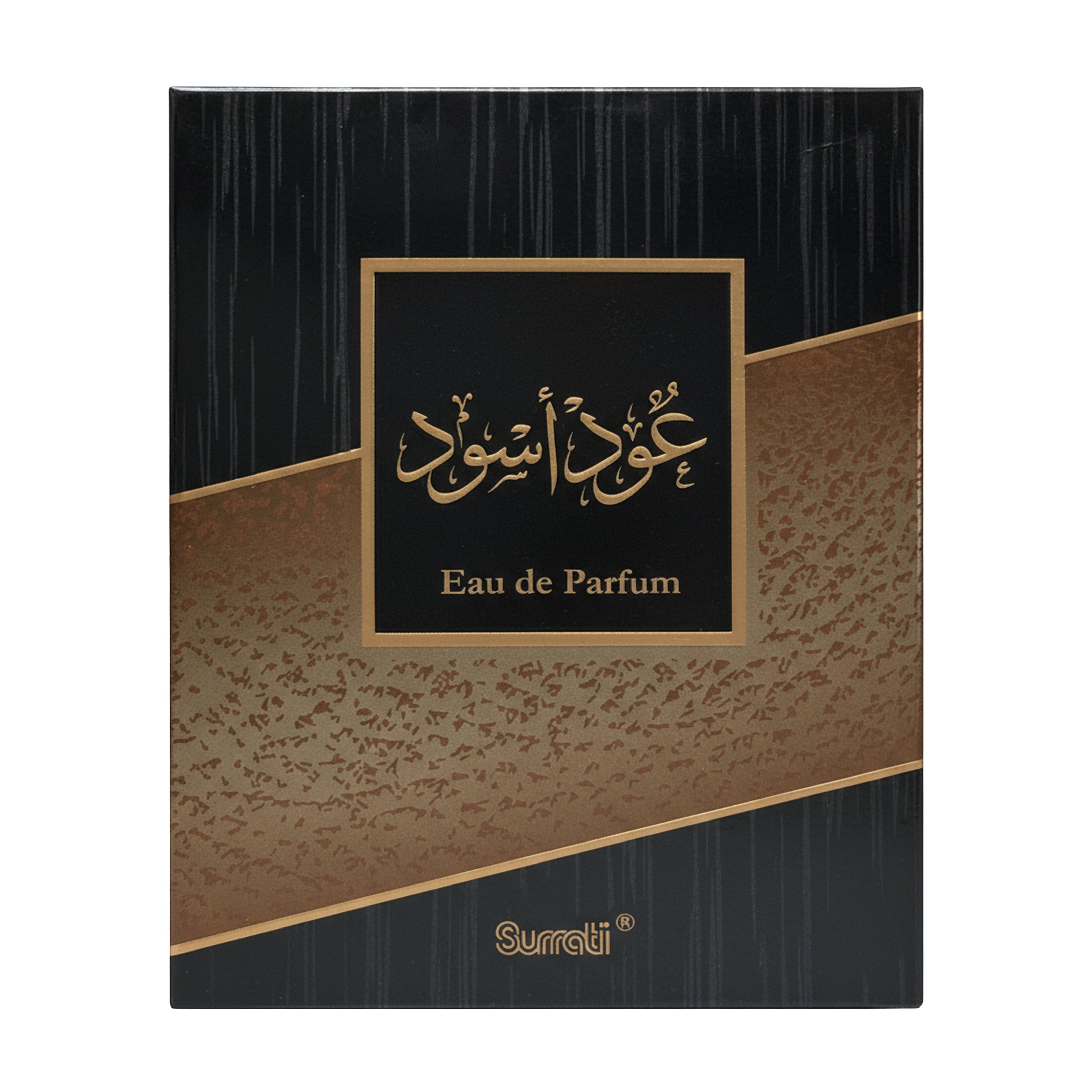Surretti Eau de Parfum packaging with gold text on a black and brown background