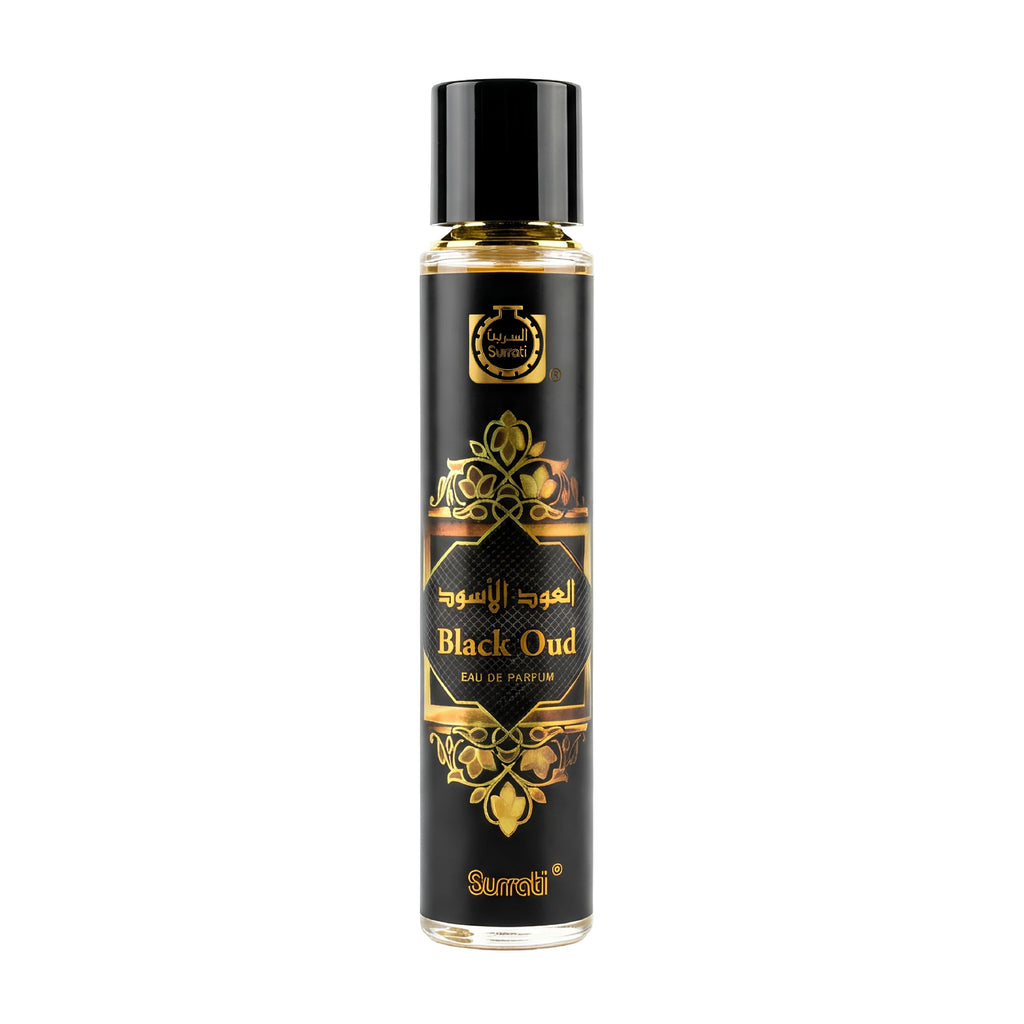 Black and gold perfume bottle labeled 'Black Oud' on a white background
