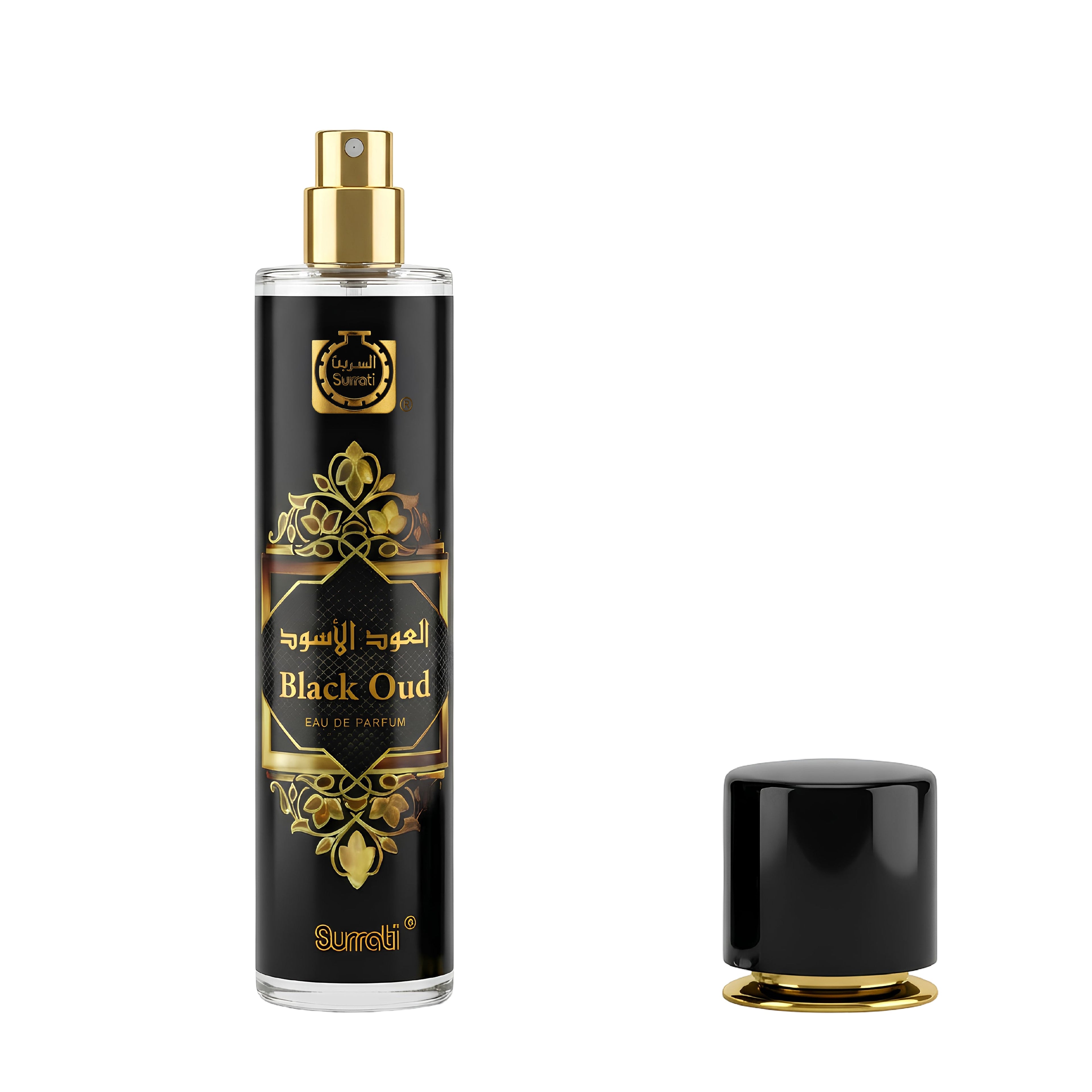 A bottle of Sumeti Black Oud Eau de Parfum with a gold spray nozzle and ornate gold label, shown next to its detached black cap with a gold base on a white background.