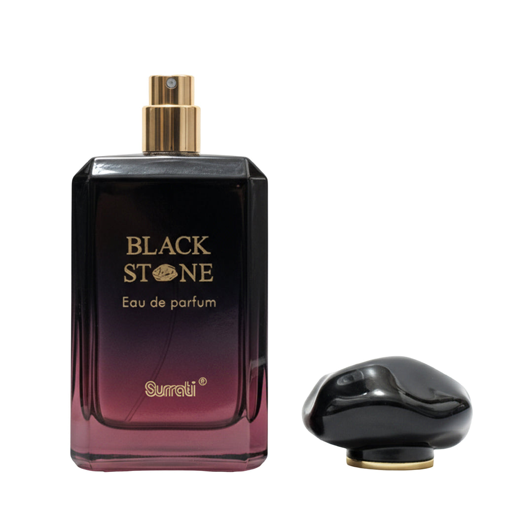 Black Stone Eau de Parfum bottle with gold cap and 'Surrati' branding on a white background
