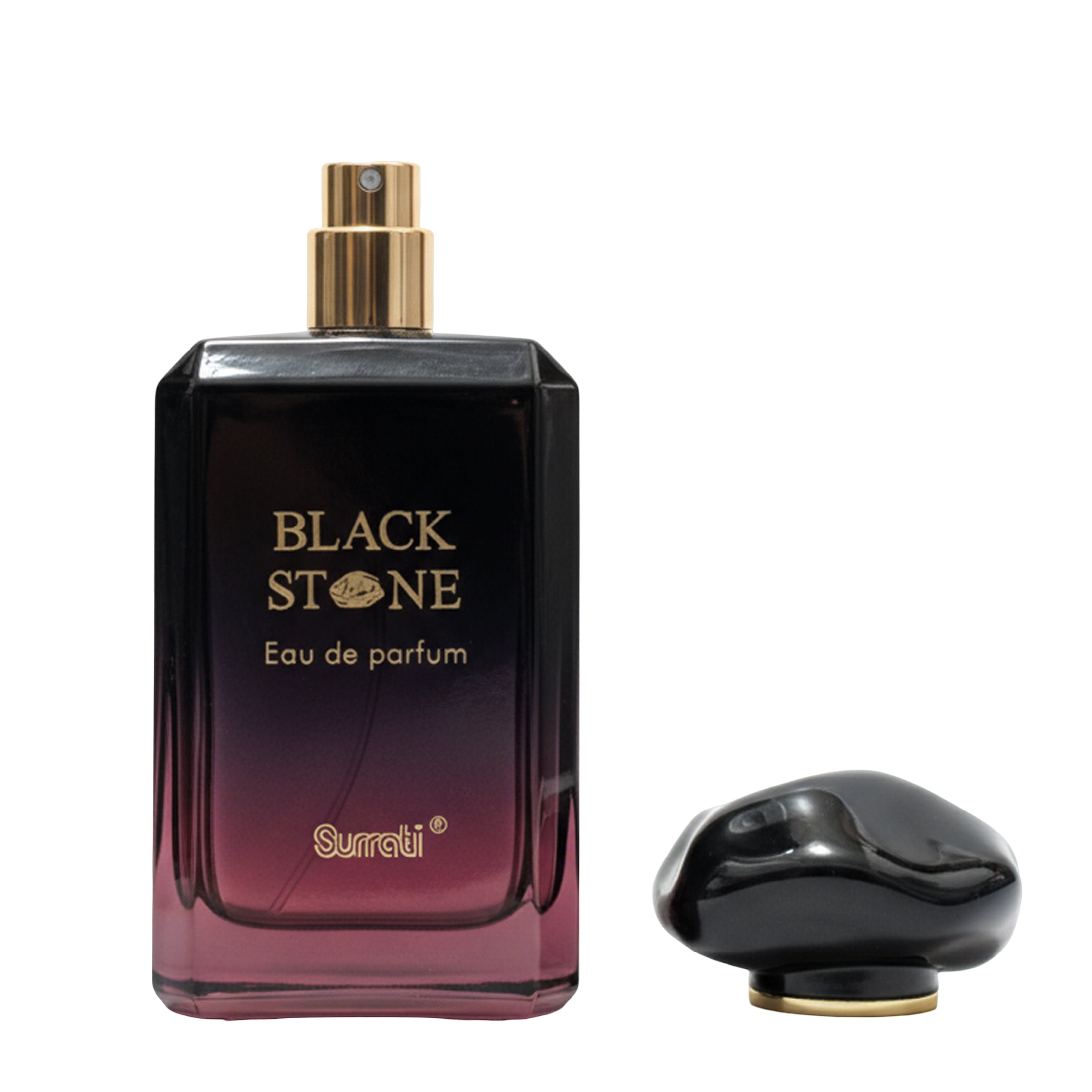 Black Stone Eau de Parfum bottle with gold cap and 'Surrati' branding on a white background
