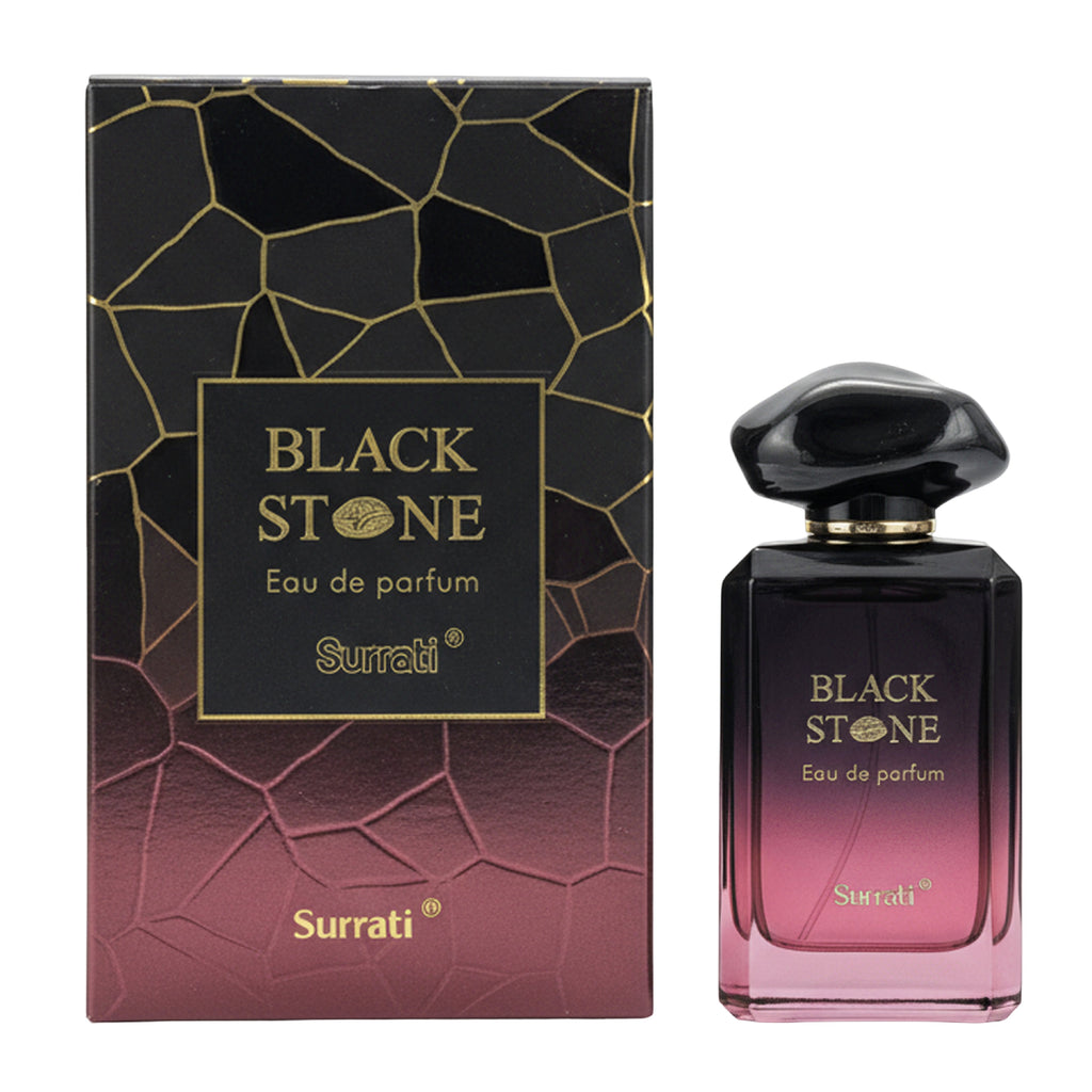 Black Stone Eau de Parfum bottle and packaging by Surrati on a white background