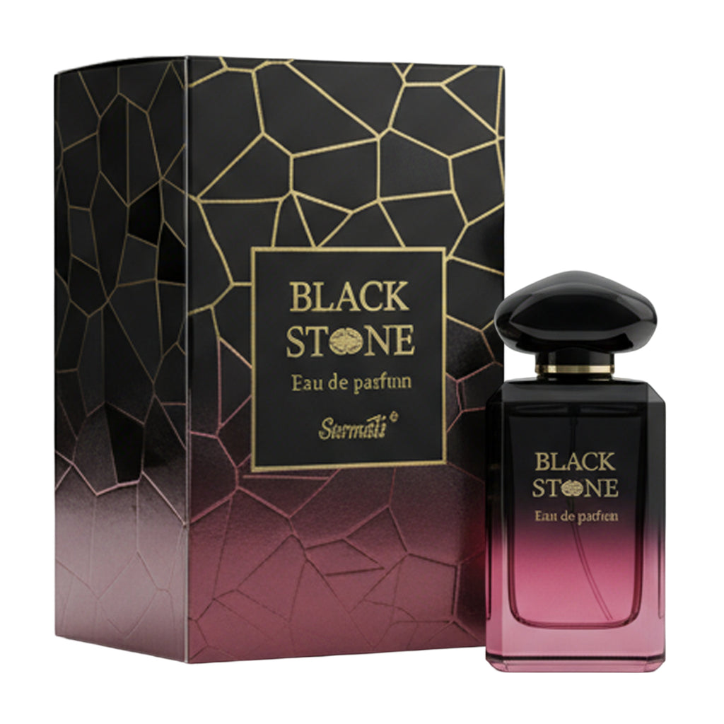 Surmati Black Stone Eau de Parfum bottle next to its black and gold patterned packaging box on a white background.