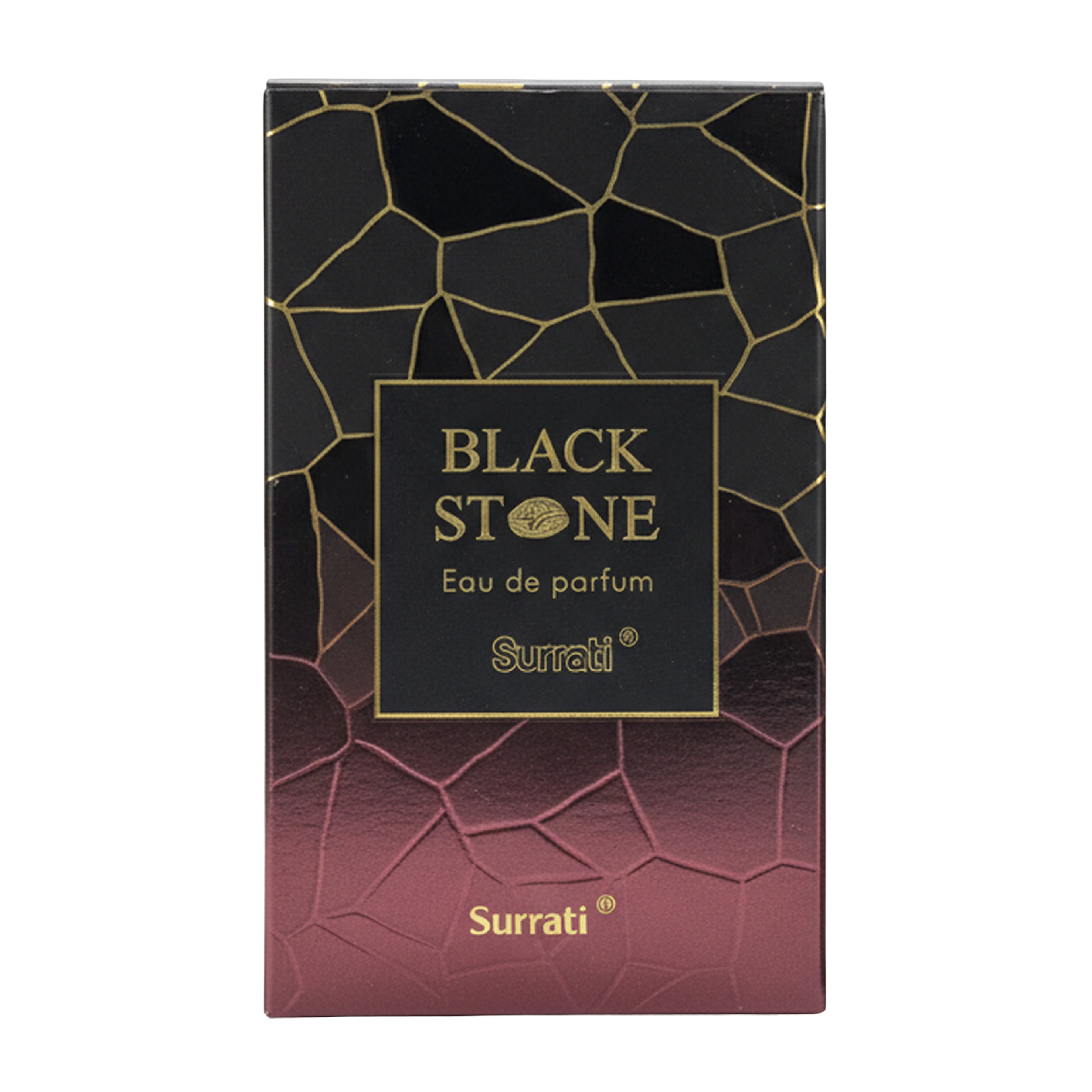 Surrati Black Stone Eau de Parfum box featuring a black and deep burgundy gradient with a gold crackle pattern and gold lettering.