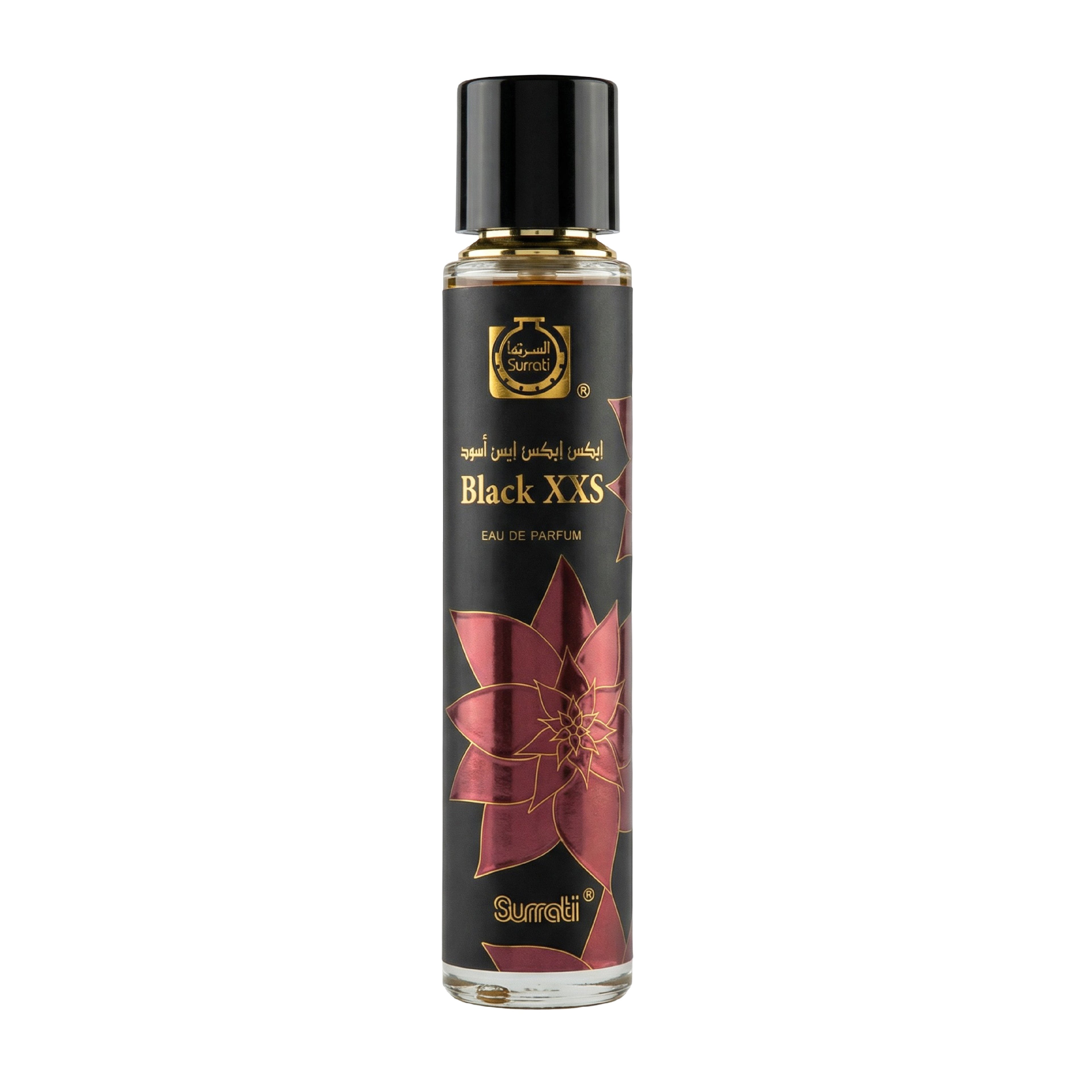 Perfume bottle labeled 'Black XXS' by Sumeri on a white background