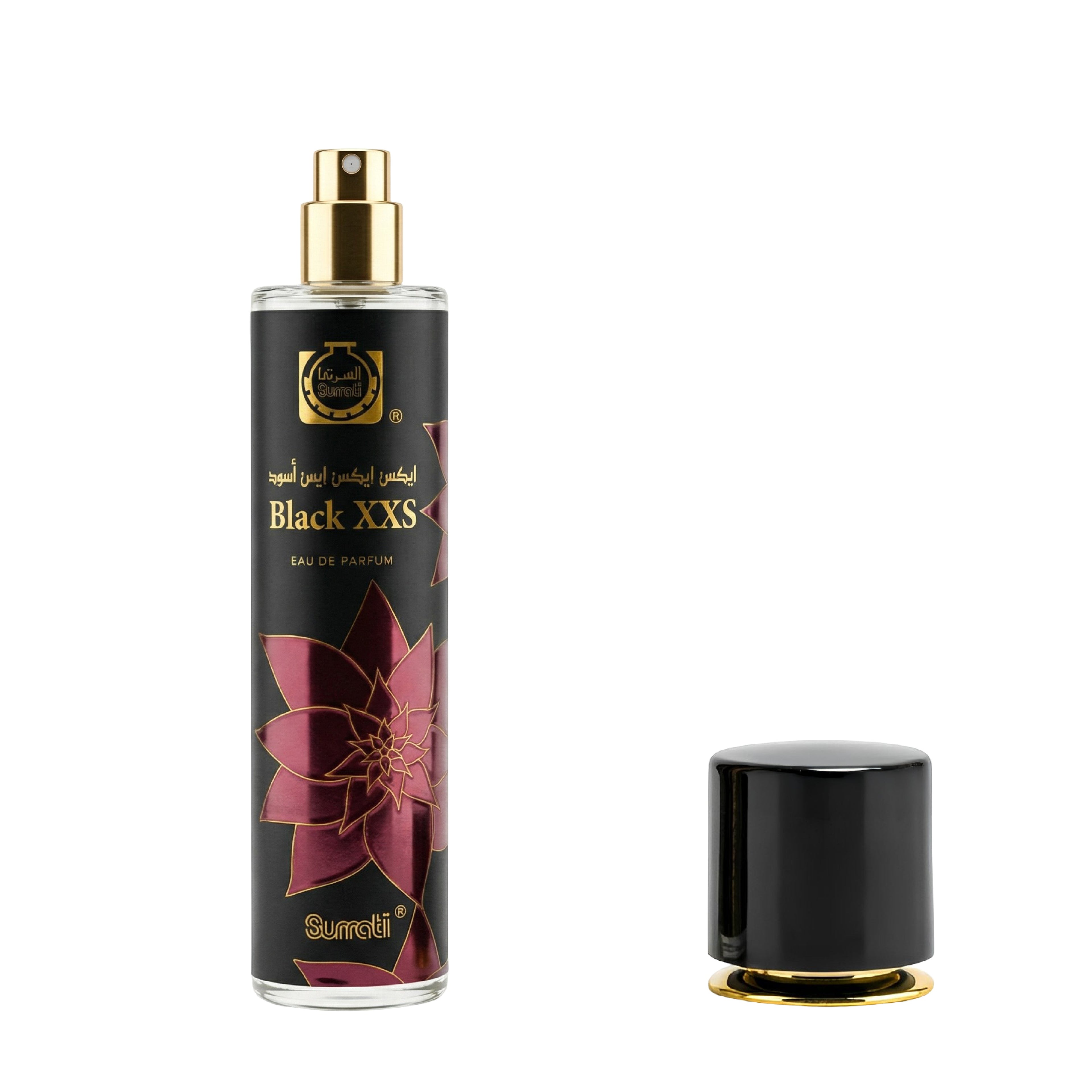 A bottle of Surafi Black XXS Eau de Parfum with a gold spray nozzle and a separate black cap with a gold base, displayed on a clean white background.