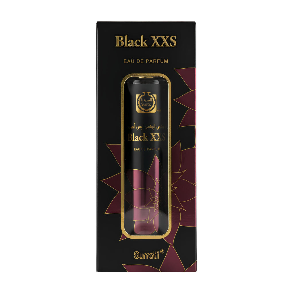 Black XXS Eau de Parfum bottle presented inside a black gift box with gold lettering and maroon floral accents, on a plain white background.