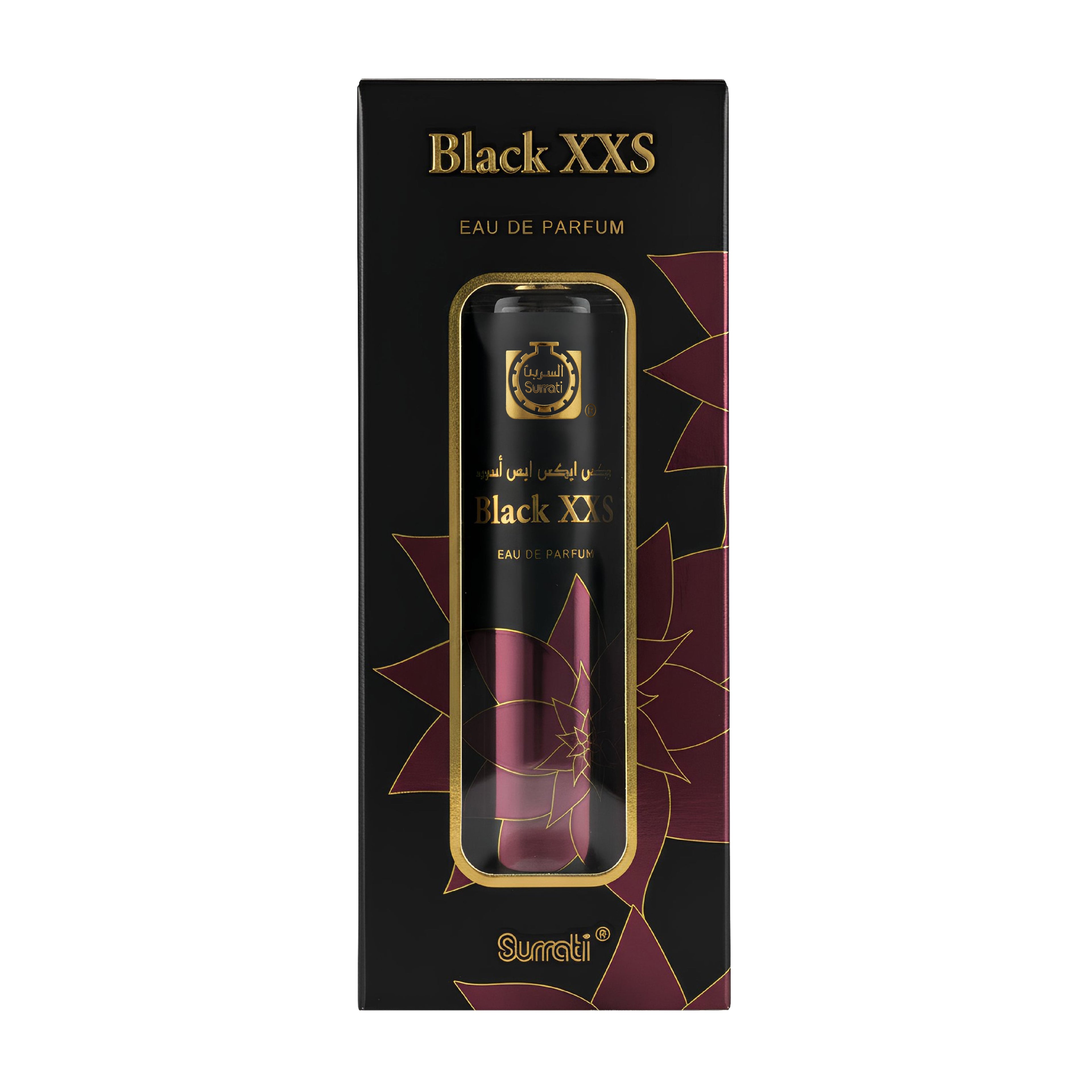 Black XXS Eau de Parfum bottle presented inside a black gift box with gold lettering and maroon floral accents, on a plain white background.