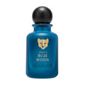 Blue perfume bottle with black cap on a white background