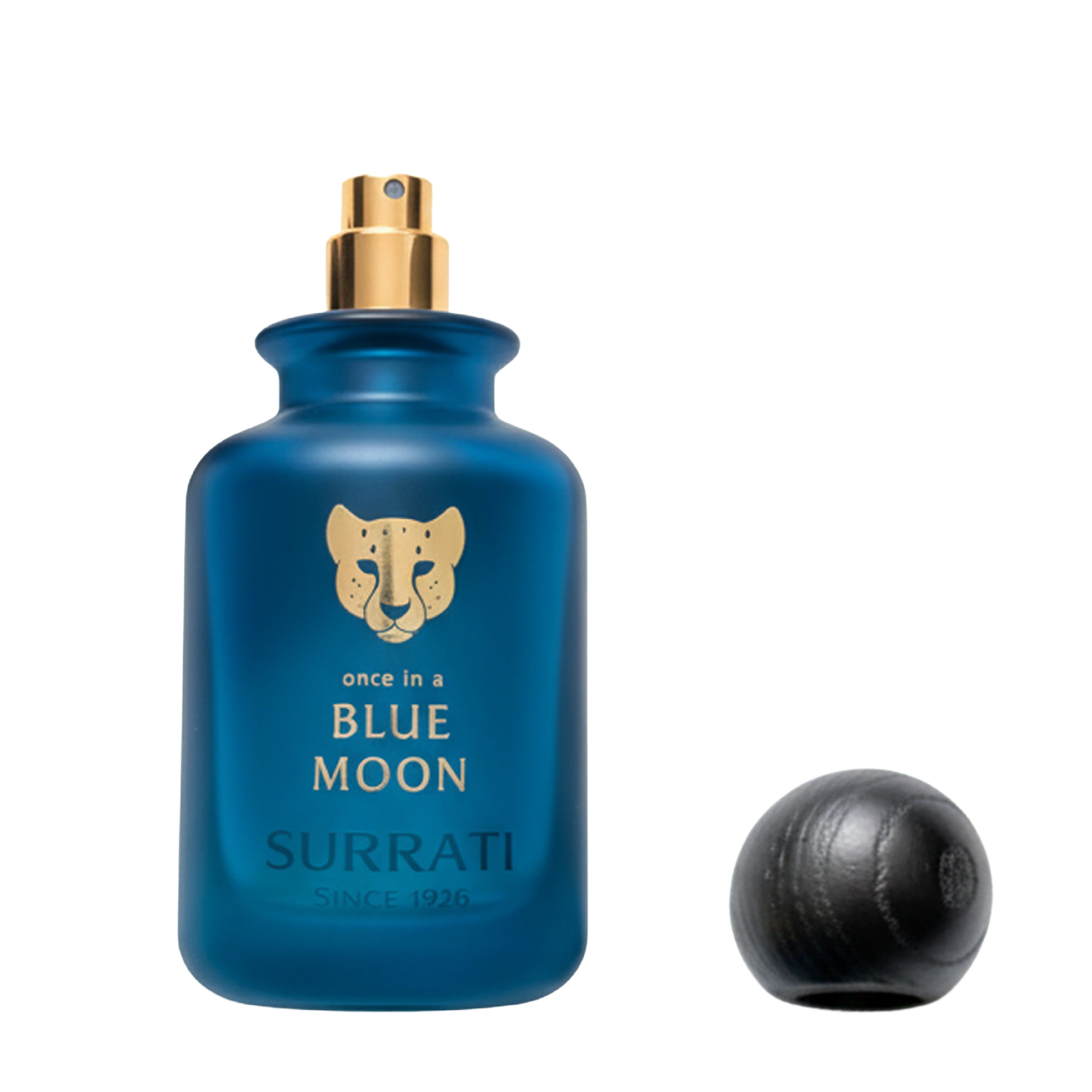 Blue perfume bottle with gold cap and 'Surrati' branding on a white background