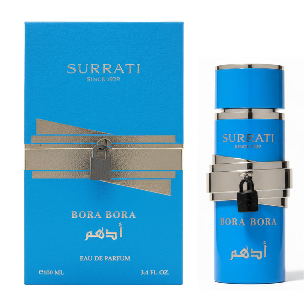 Surrati Bora Bora Eau de Parfum bottle and its blue packaging box, featuring a bright blue design with silver metallic accents and a small black padlock graphic.