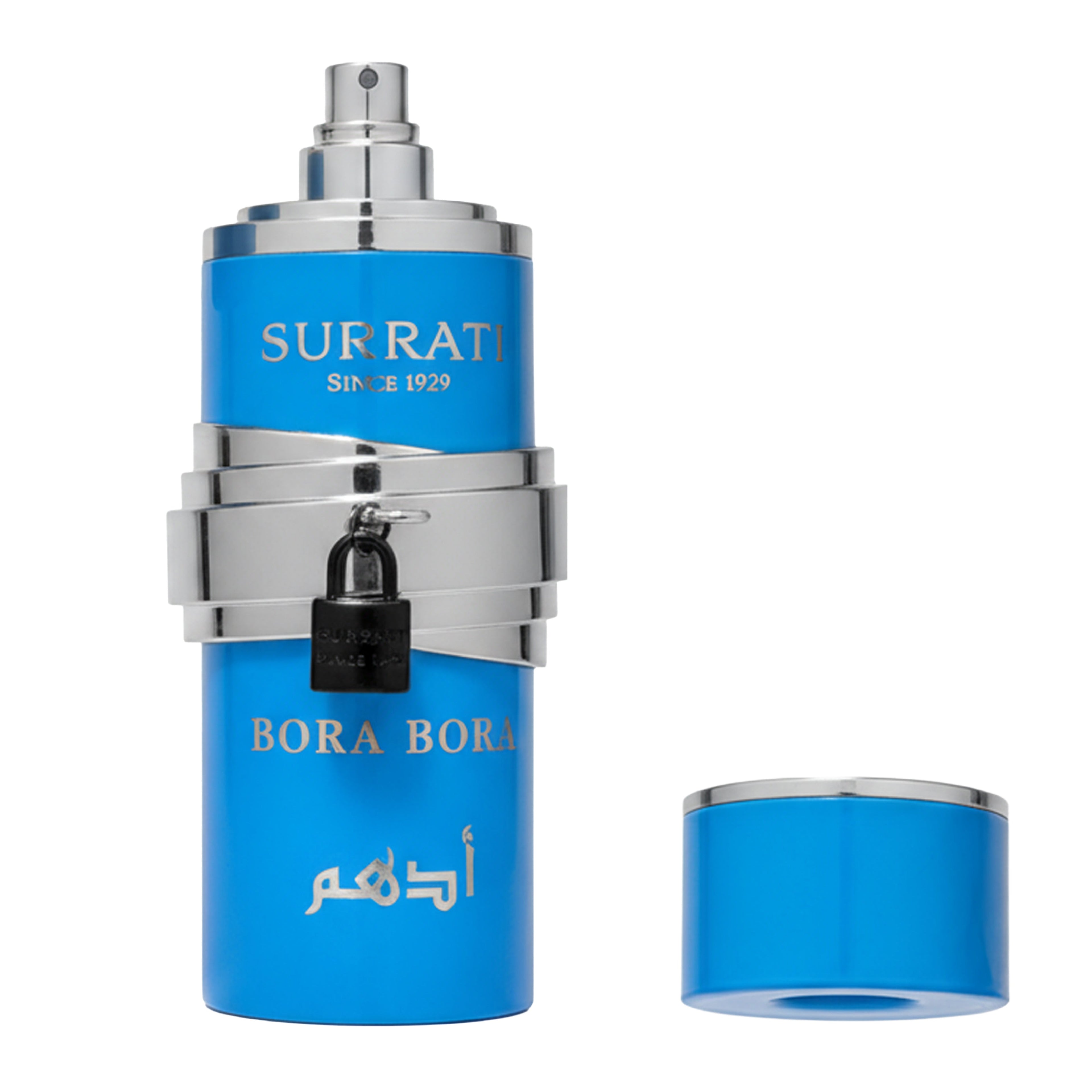 A blue cylindrical perfume bottle with silver metallic accents and a small black padlock detail on the front, shown alongside its matching blue cap on a plain white background. The bottle displays the brand name 'Surrati' and 'Bora Bora'.