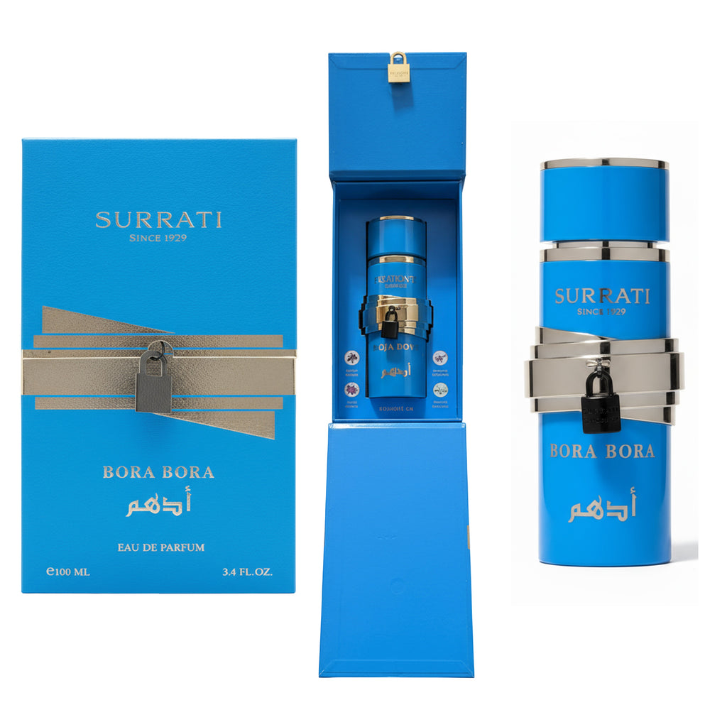 Surrati Bora Bora Eau de Parfum shown with its blue retail box, an open presentation display, and the perfume bottle on a white background.