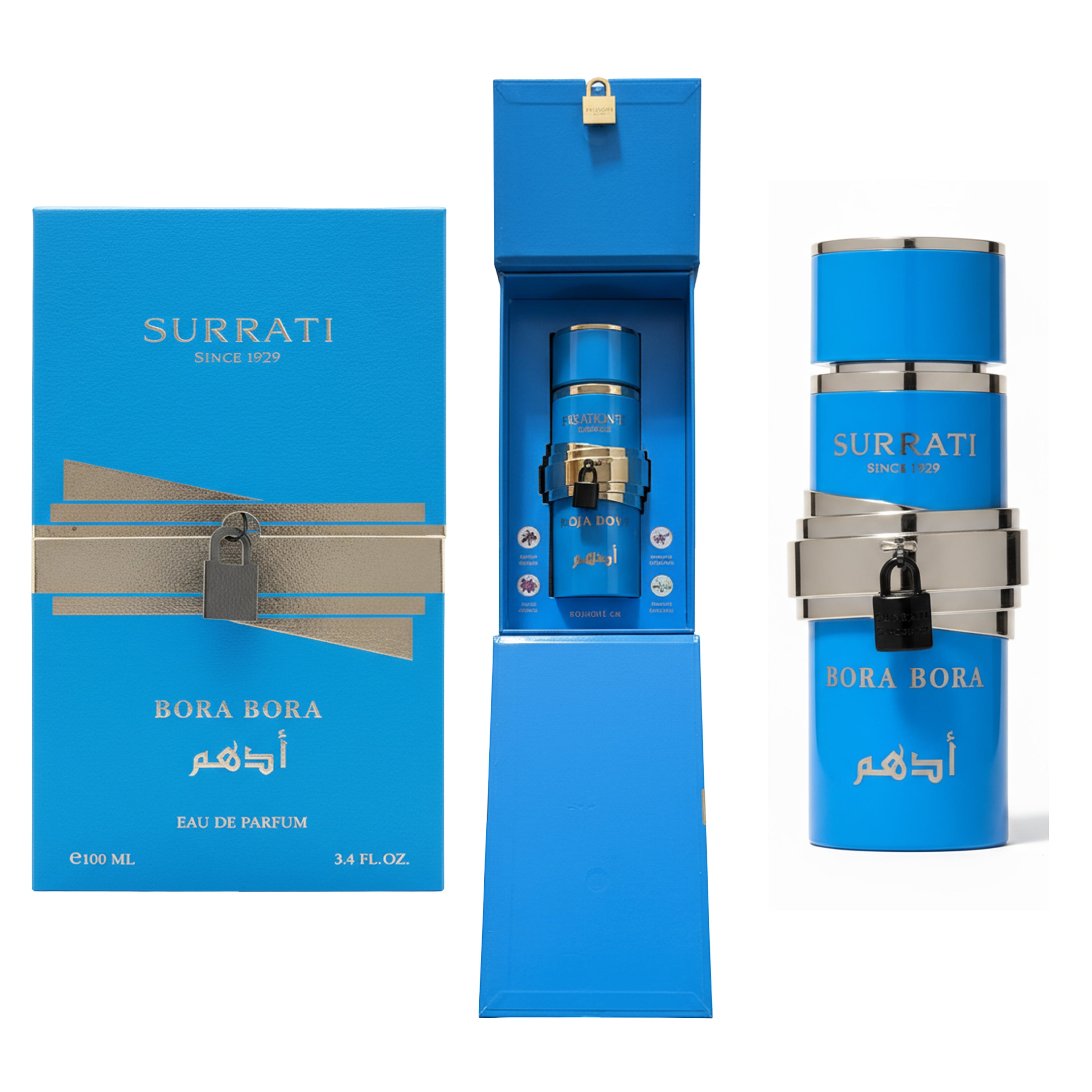 Surrati Bora Bora Eau de Parfum shown with its blue retail box, an open presentation display, and the perfume bottle on a white background.