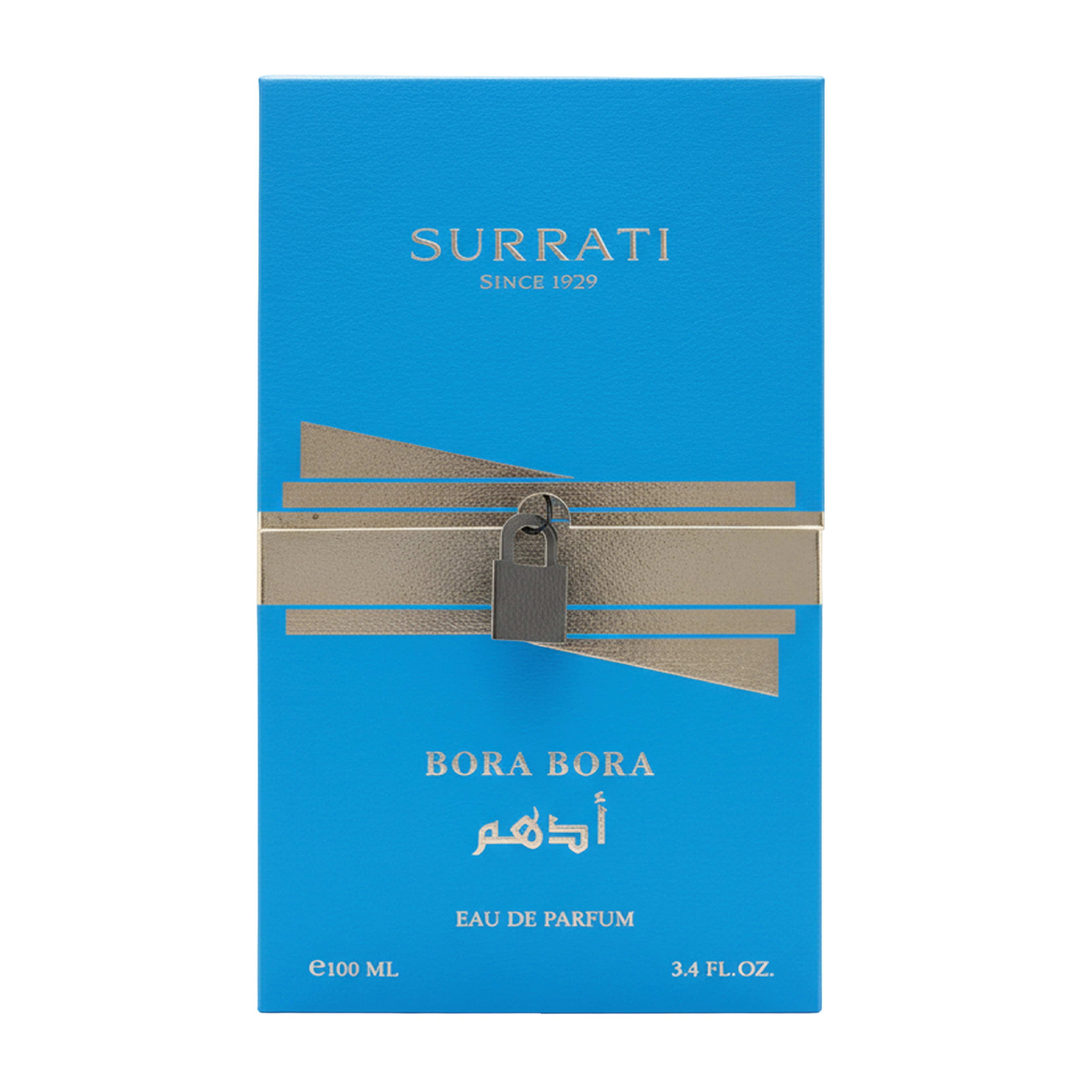 Surrati Bora Bora Eau de Parfum 100ml box in bright blue with silver metallic accents and a padlock graphic, on a white background.
