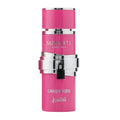 A pink cylindrical perfume bottle with silver metallic bands and a small black lock detail on the front, labeled 'Surrati Since 1929' and 'Candy Kiss' with Arabic script, on a plain white background.