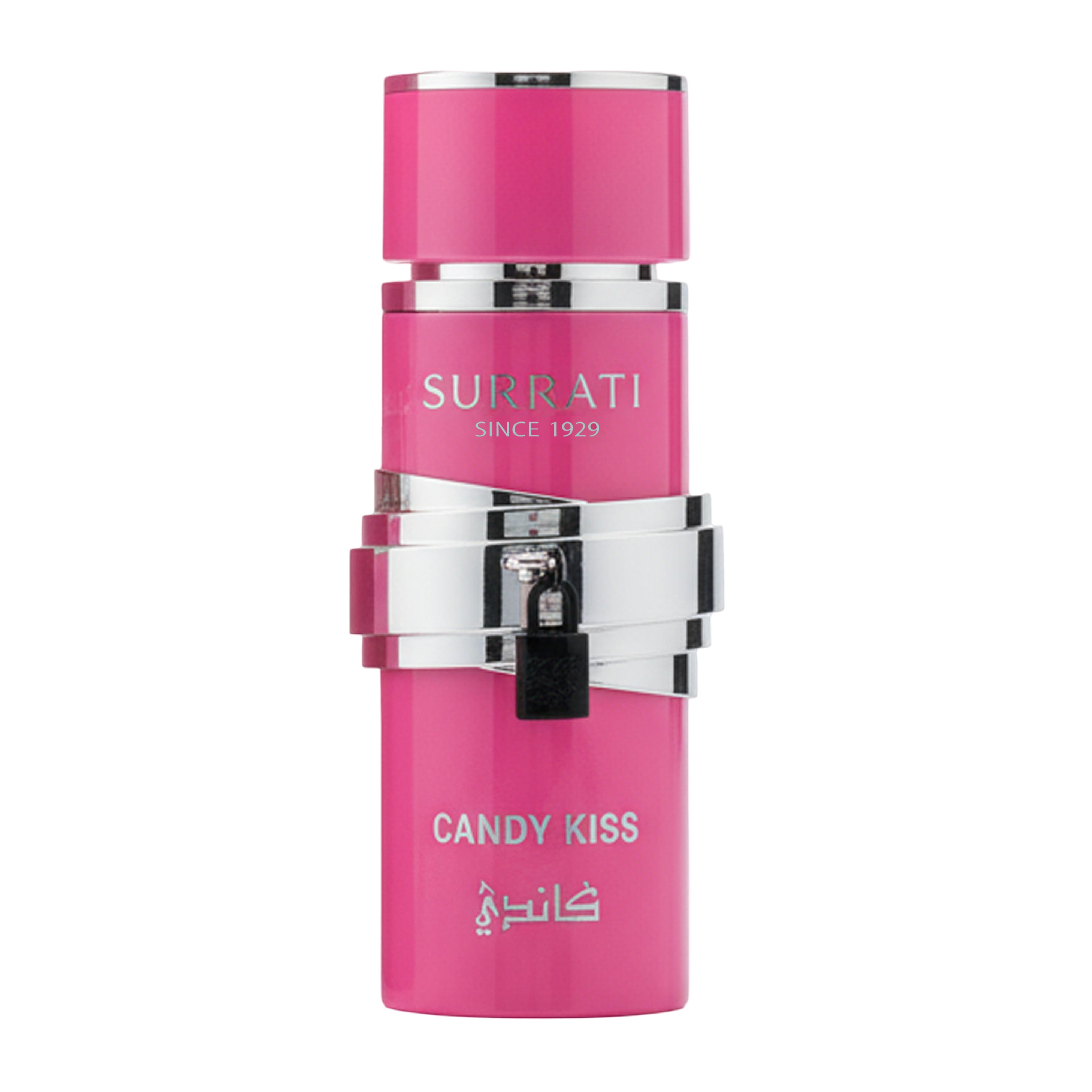 A pink cylindrical perfume bottle with silver metallic bands and a small black lock detail on the front, labeled 'Surrati Since 1929' and 'Candy Kiss' with Arabic script, on a plain white background.