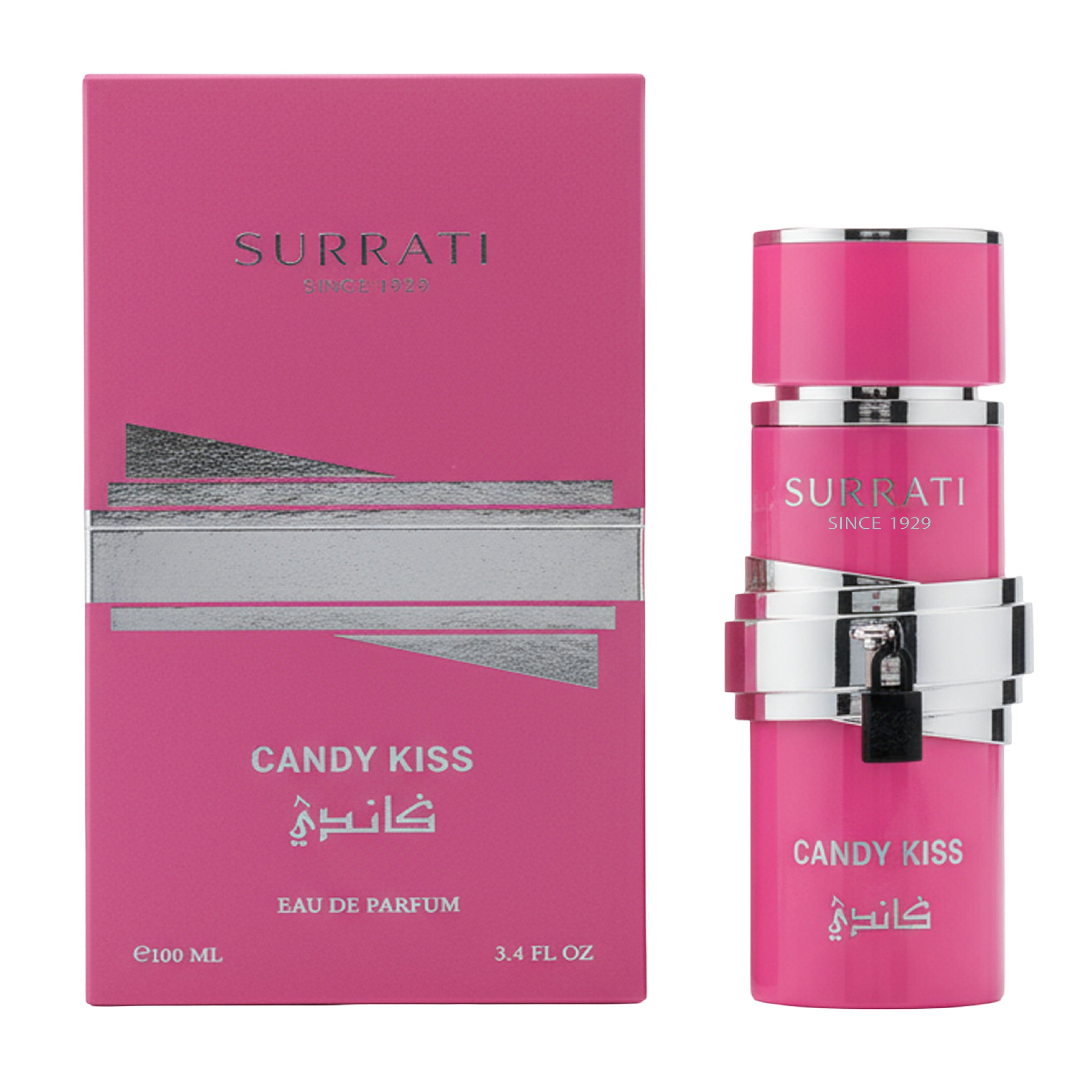 Surrati Candy Kiss Eau de Parfum bottle and its pink packaging box, featuring a vibrant pink color with silver metallic accents and white lettering.