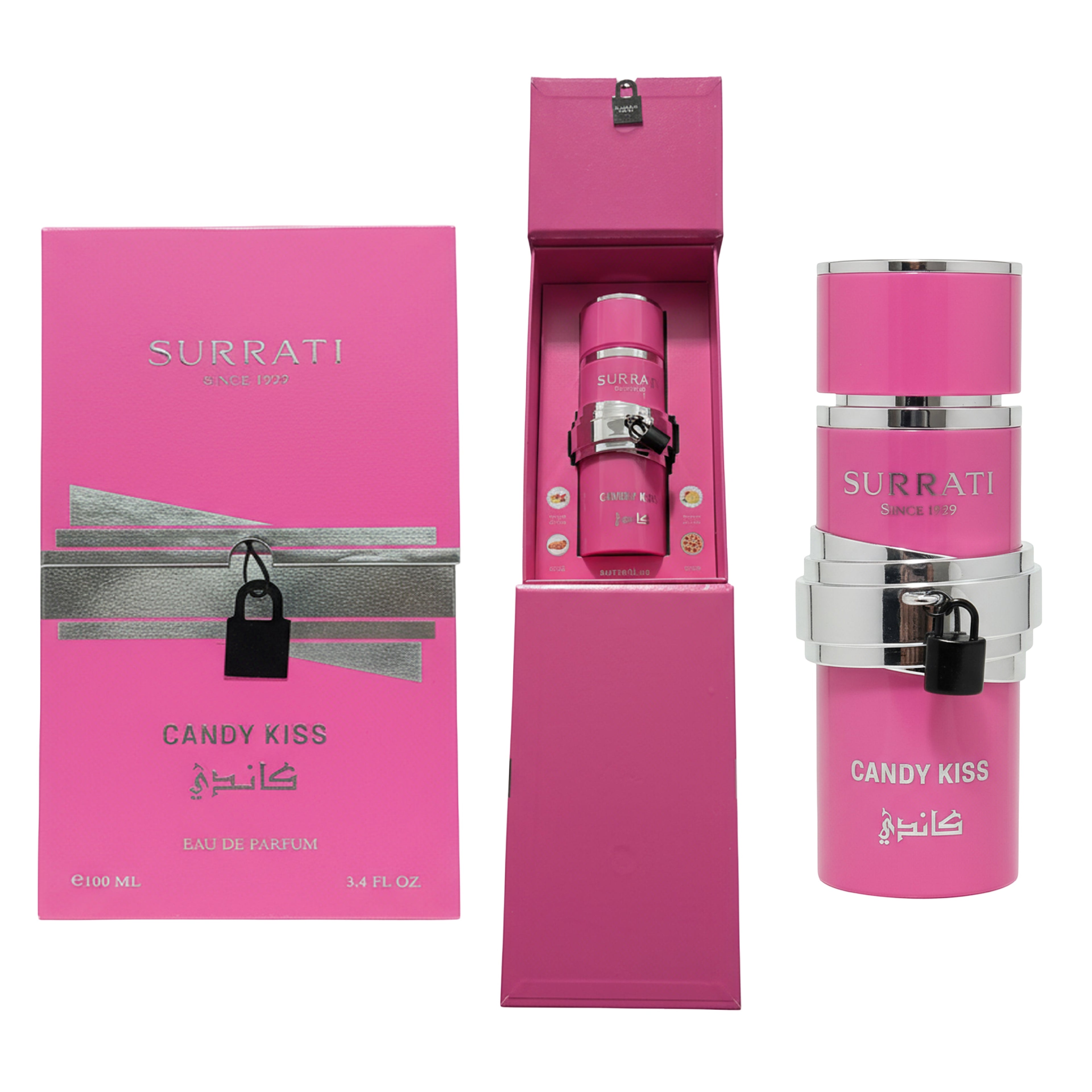 Surrati Candy Kiss Eau de Parfum shown with its pink retail box, open presentation box containing the bottle, and the perfume bottle itself on a white background.