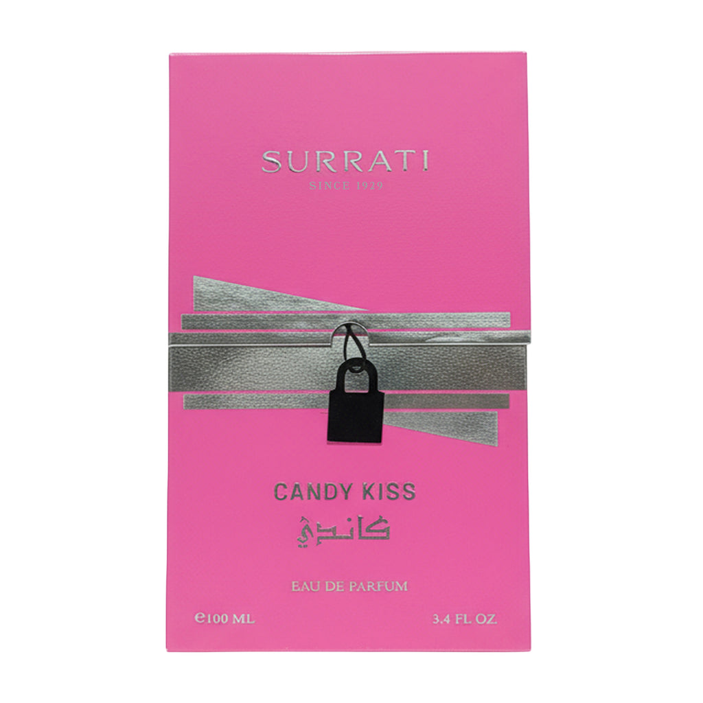 Surrati Candy Kiss Eau de Parfum 100ml box in bright pink with silver metallic accents, a silver bow graphic, and a small black padlock illustration in the center.