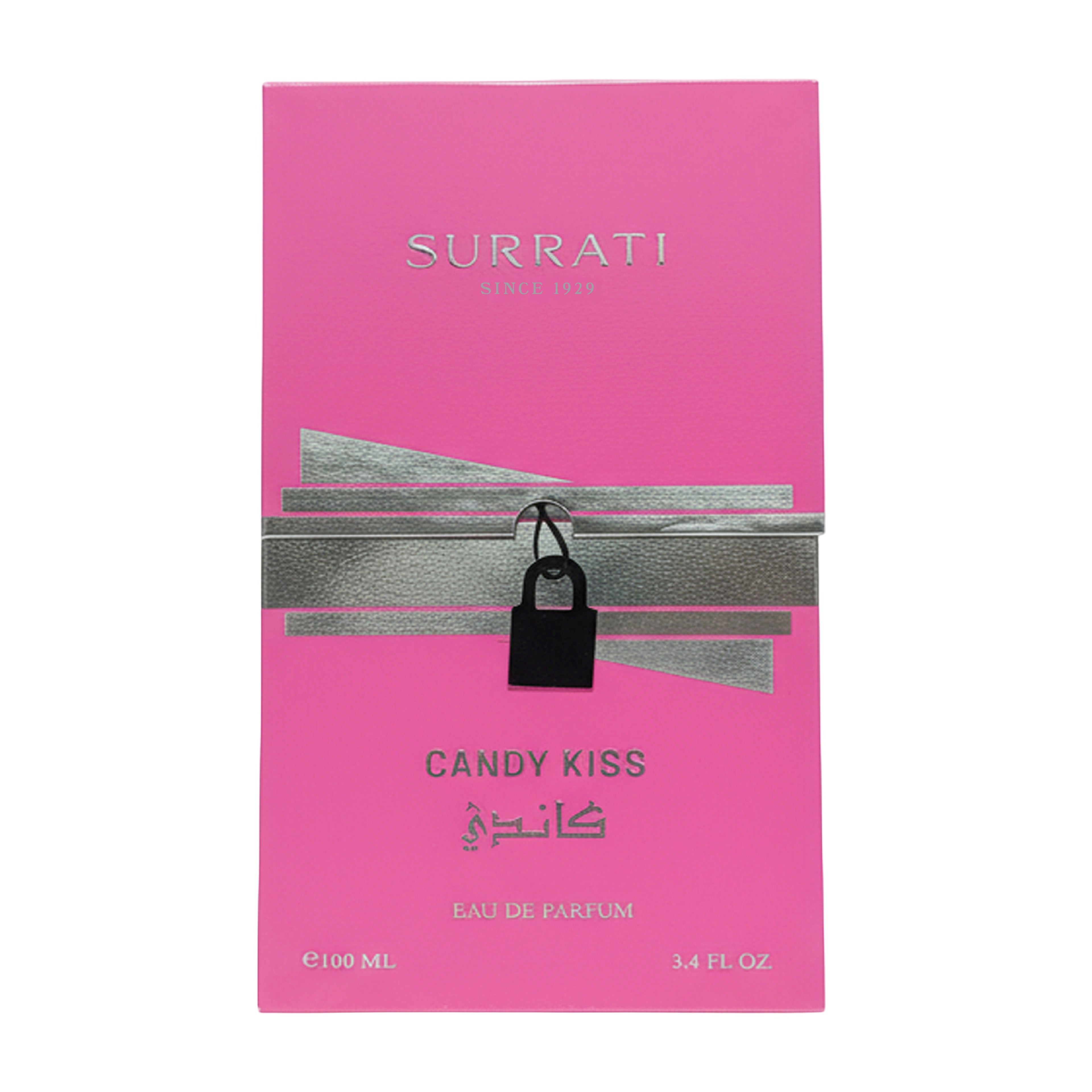 Surrati Candy Kiss Eau de Parfum 100ml box in bright pink with silver metallic accents, a silver bow graphic, and a small black padlock illustration in the center.
