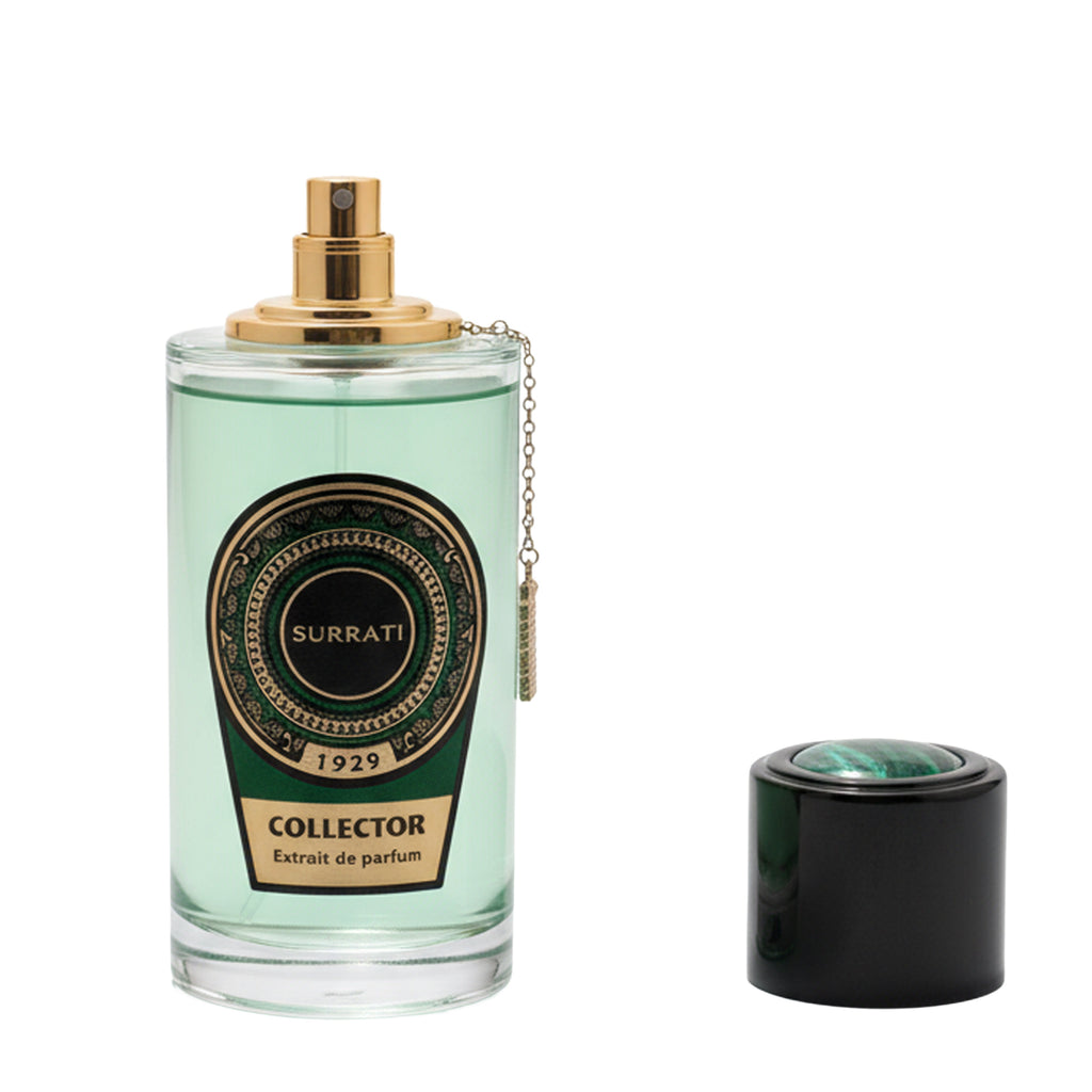 Surrati Collector perfume bottle with black container on a white background