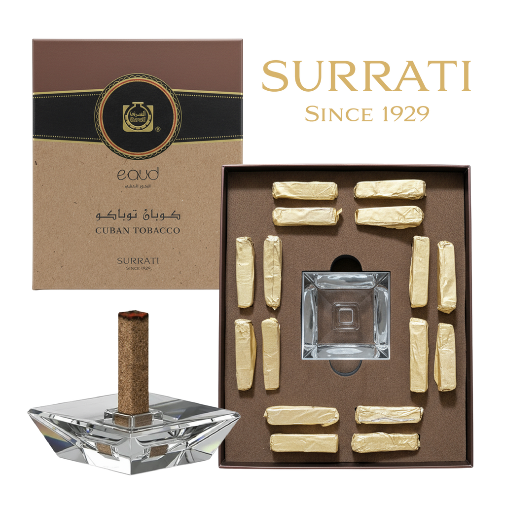 Surrati tobacco packaging with a glass ashtray and tobacco sticks on a white background