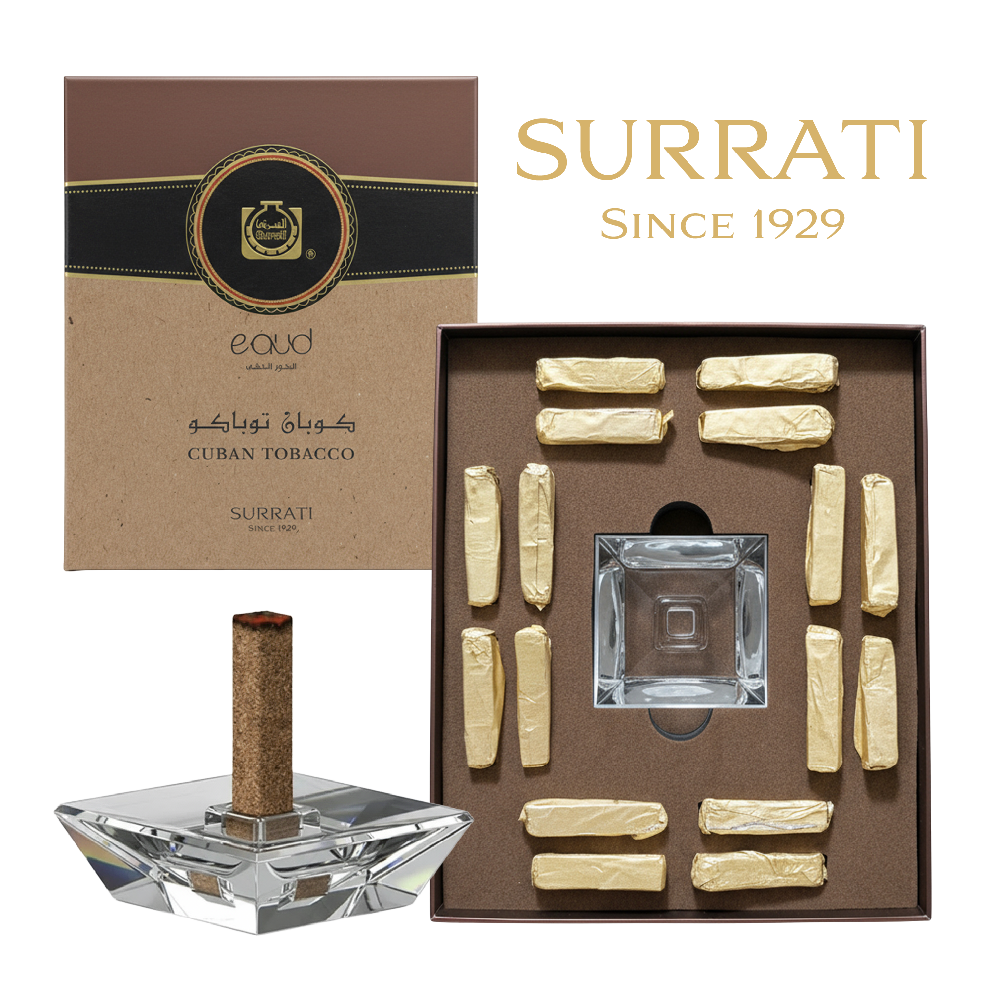 Surrati tobacco packaging with a glass ashtray and tobacco sticks on a white background
