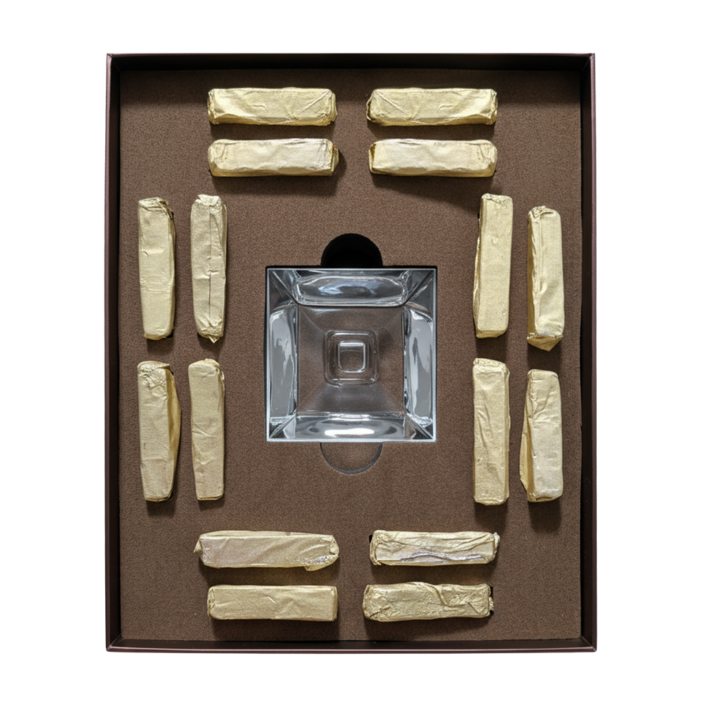 Crystal decanter with gold-colored stoppers arranged around it on a brown background