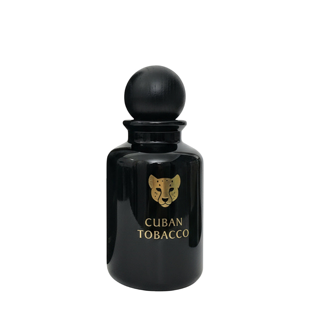 Black perfume bottle labeled 'Cuban Tobacco' with a leopard logo on a white background