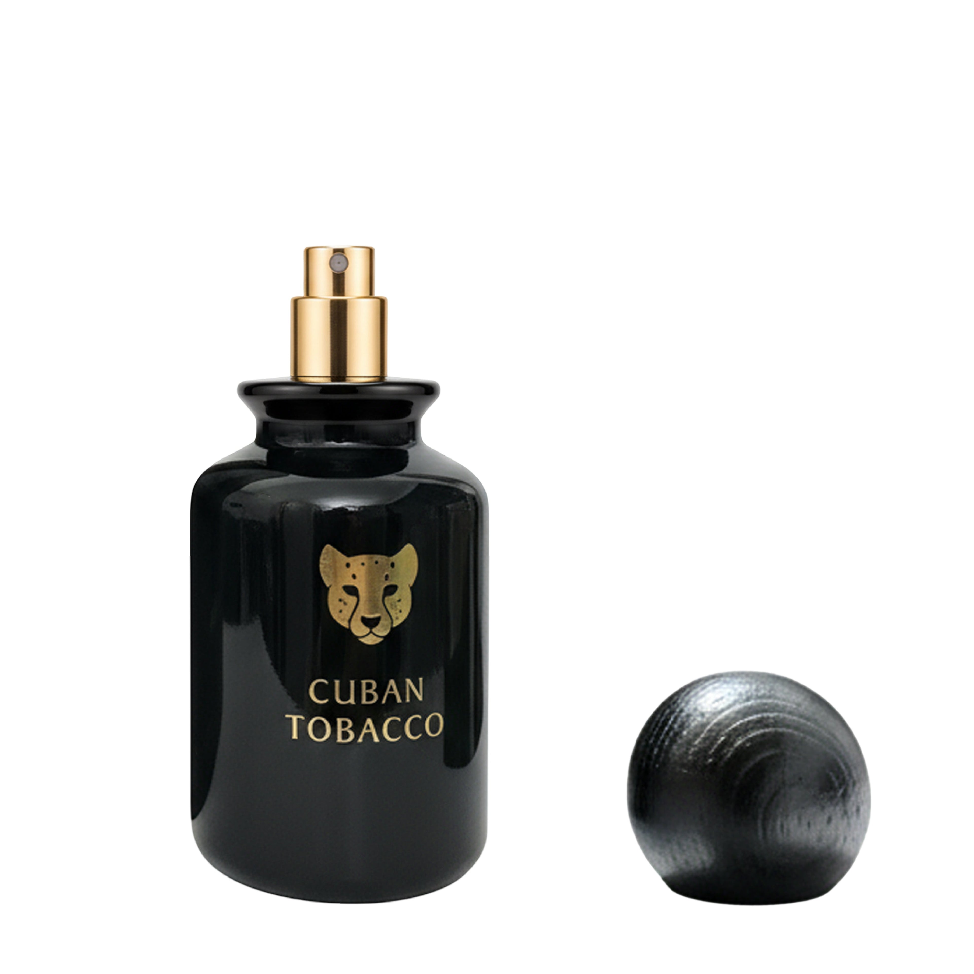 Black perfume bottle with gold accents labeled 'Cuban Tobacco' on a white background