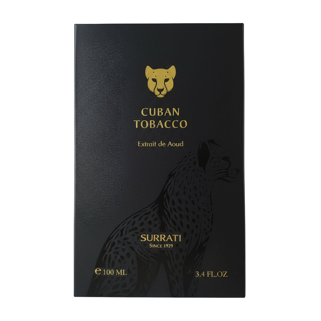 A black rectangular box of Surrati Cuban Tobacco Extrait de Aoud, featuring a gold cheetah head logo, a black cheetah silhouette, and gold text on a white background.