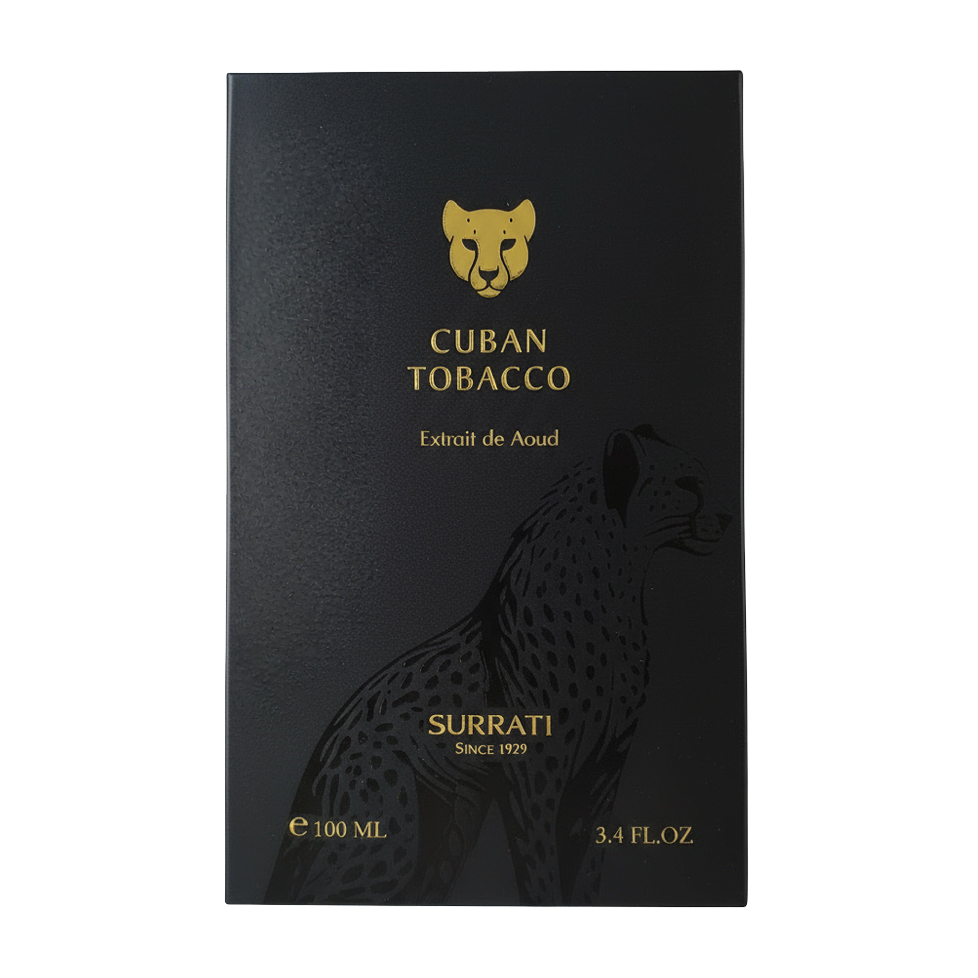 A black rectangular box of Surrati Cuban Tobacco Extrait de Aoud, featuring a gold cheetah head logo, a black cheetah silhouette, and gold text on a white background.