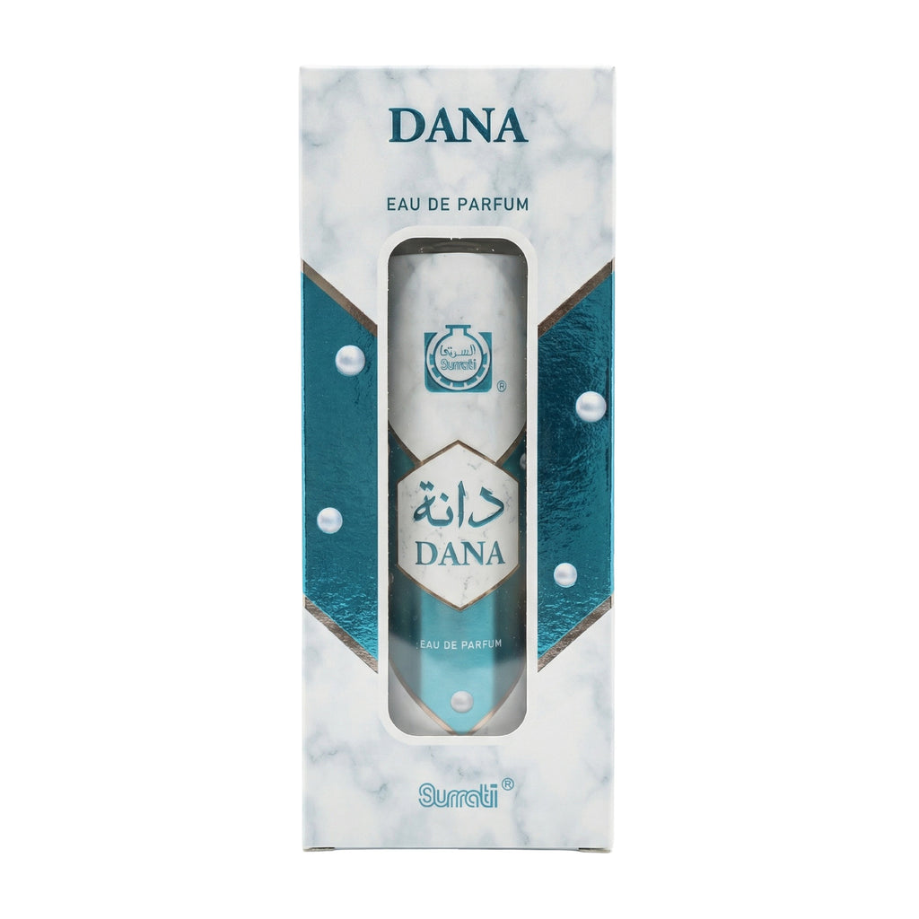 Dana Eau de Parfum spray bottle in its original retail packaging, featuring a white marble pattern with teal geometric accents and a clear window displaying the silver and teal spray canister.