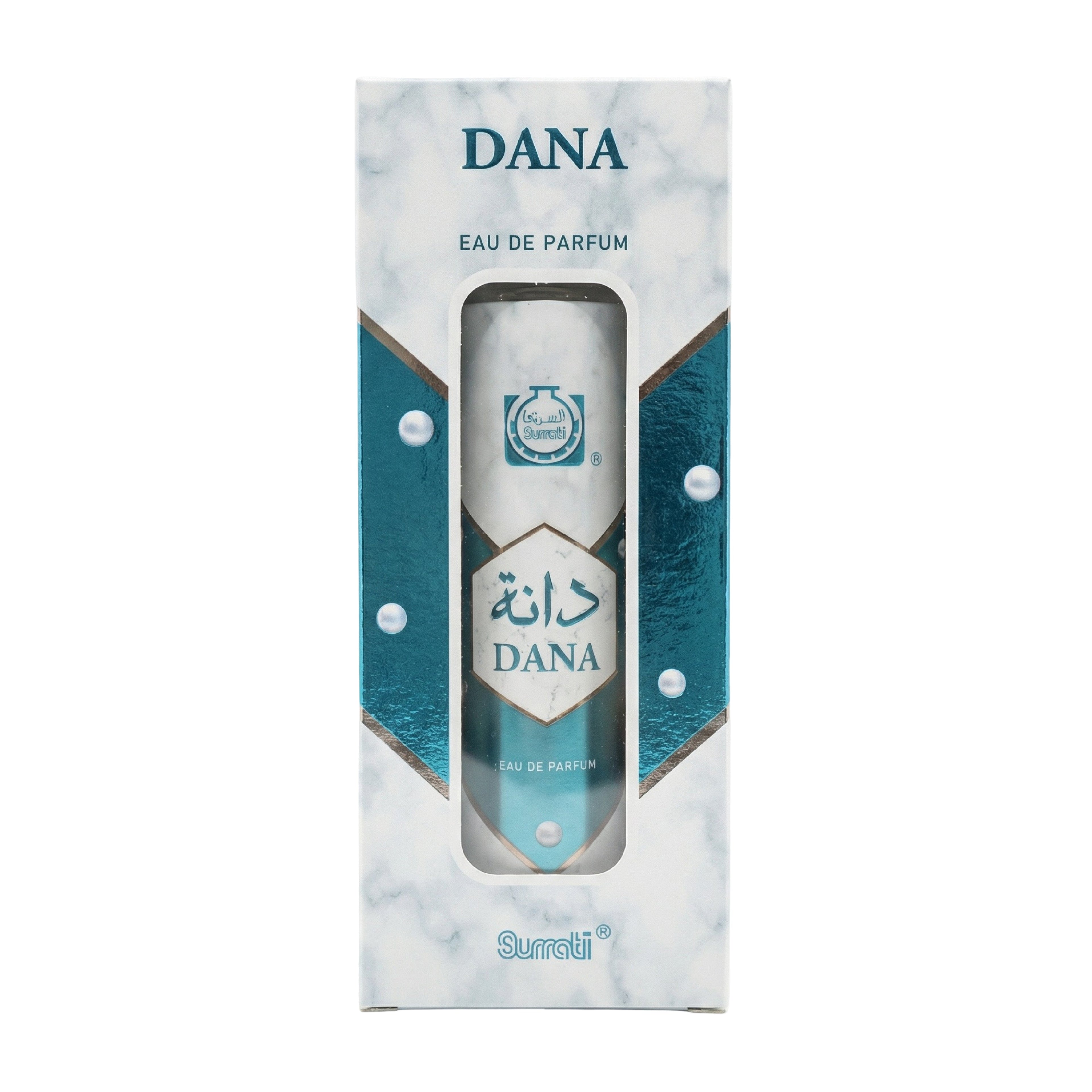 Dana Eau de Parfum spray bottle in its original retail packaging, featuring a white marble pattern with teal geometric accents and a clear window displaying the silver and teal spray canister.