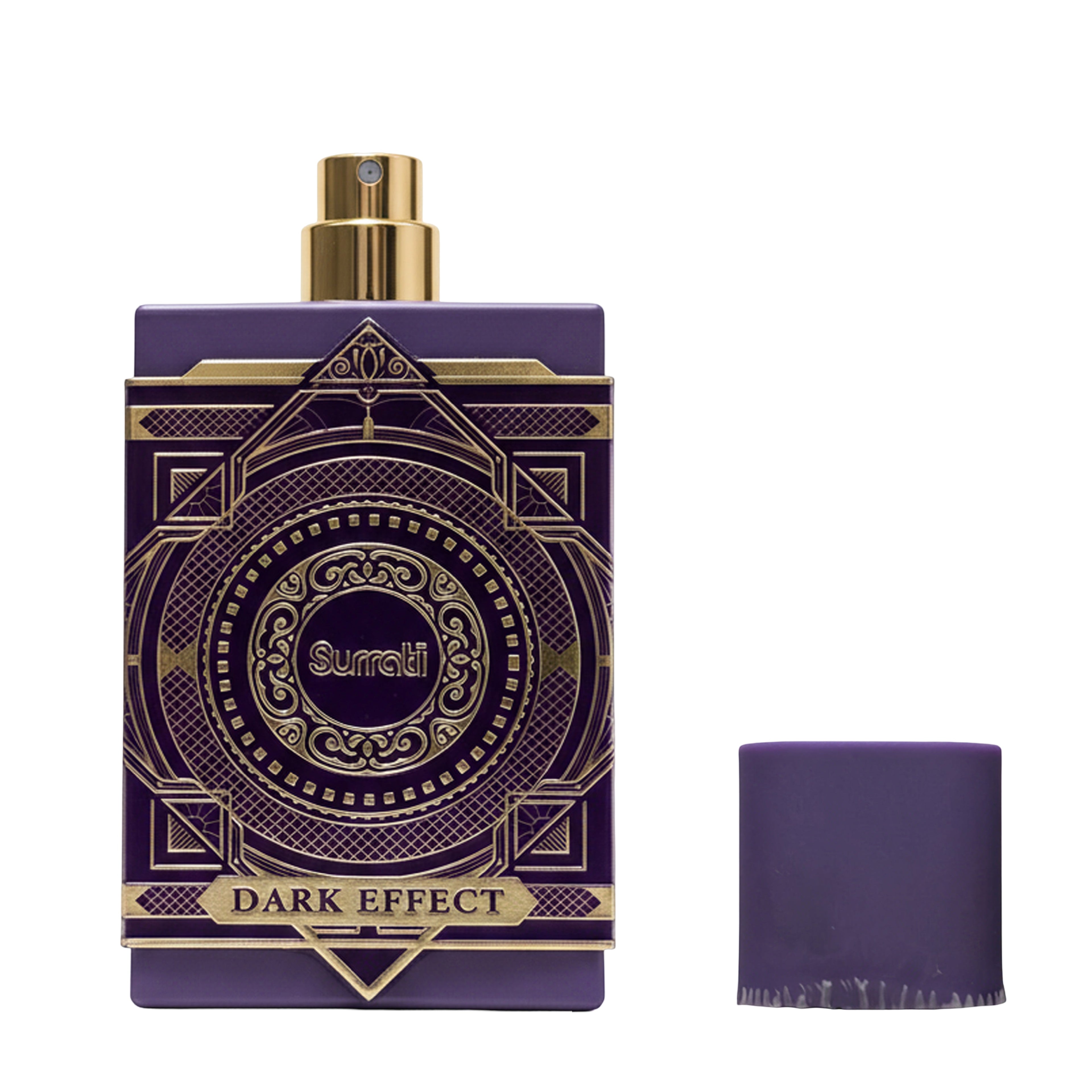 Purple and gold perfume bottle with decorative packaging on a white background