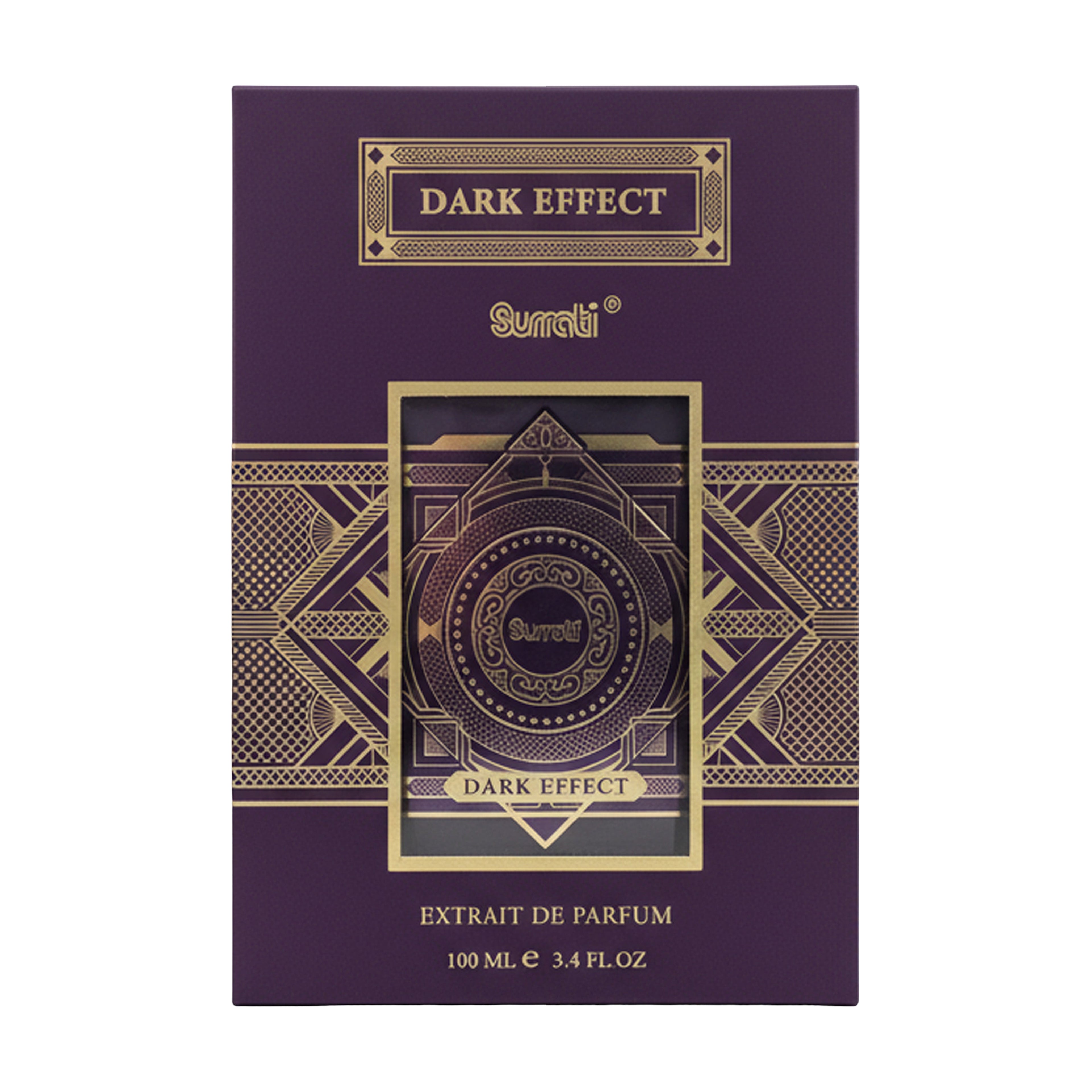 Perfume packaging with 'Dark Effect' and 'Sumeri' branding on a purple background