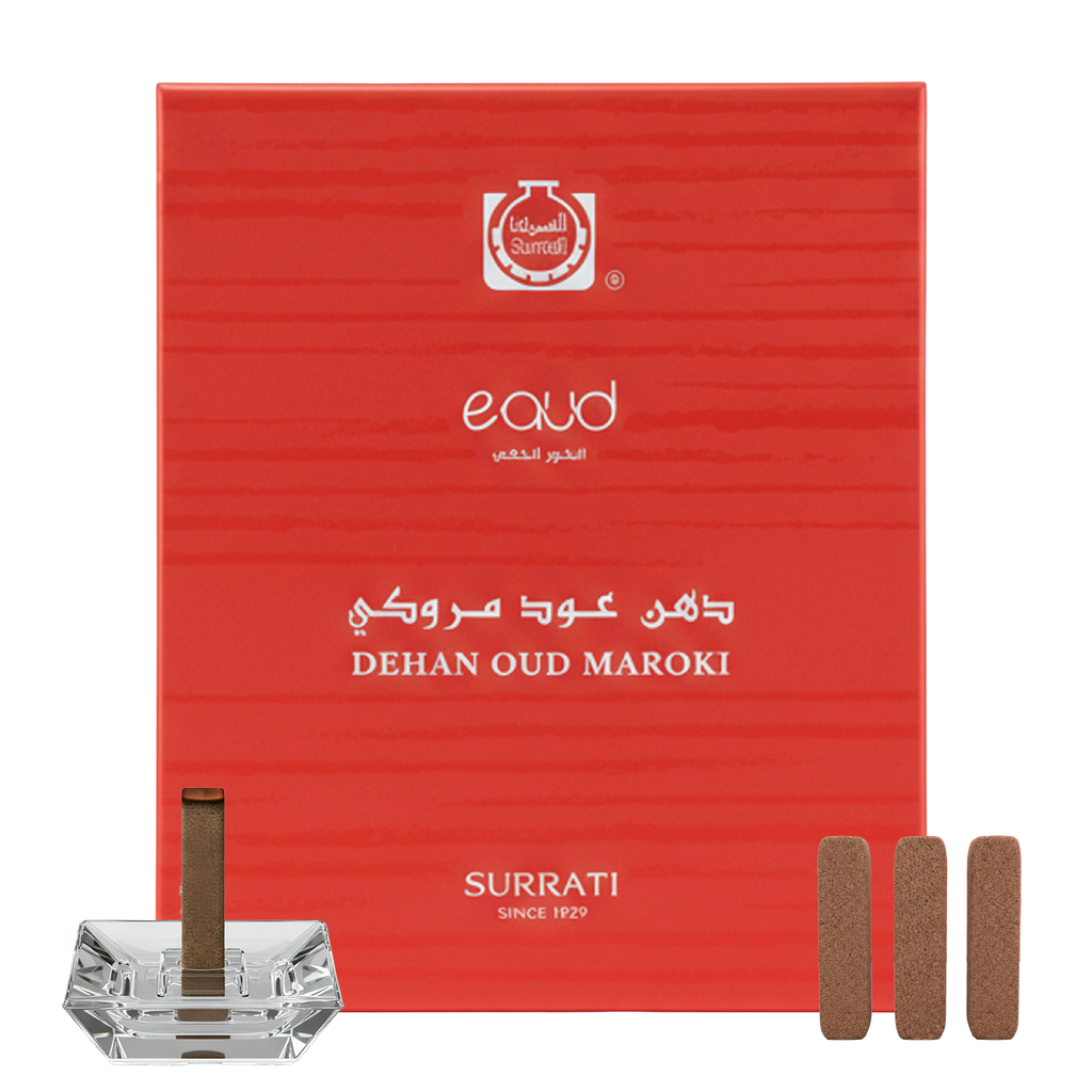 Red Surrati packaging with Dehan Oud Maroki incense sticks and a crystal holder on a white background