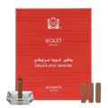 Red Surrati packaging with Dehan Oud Maroki incense sticks and a crystal holder on a white background