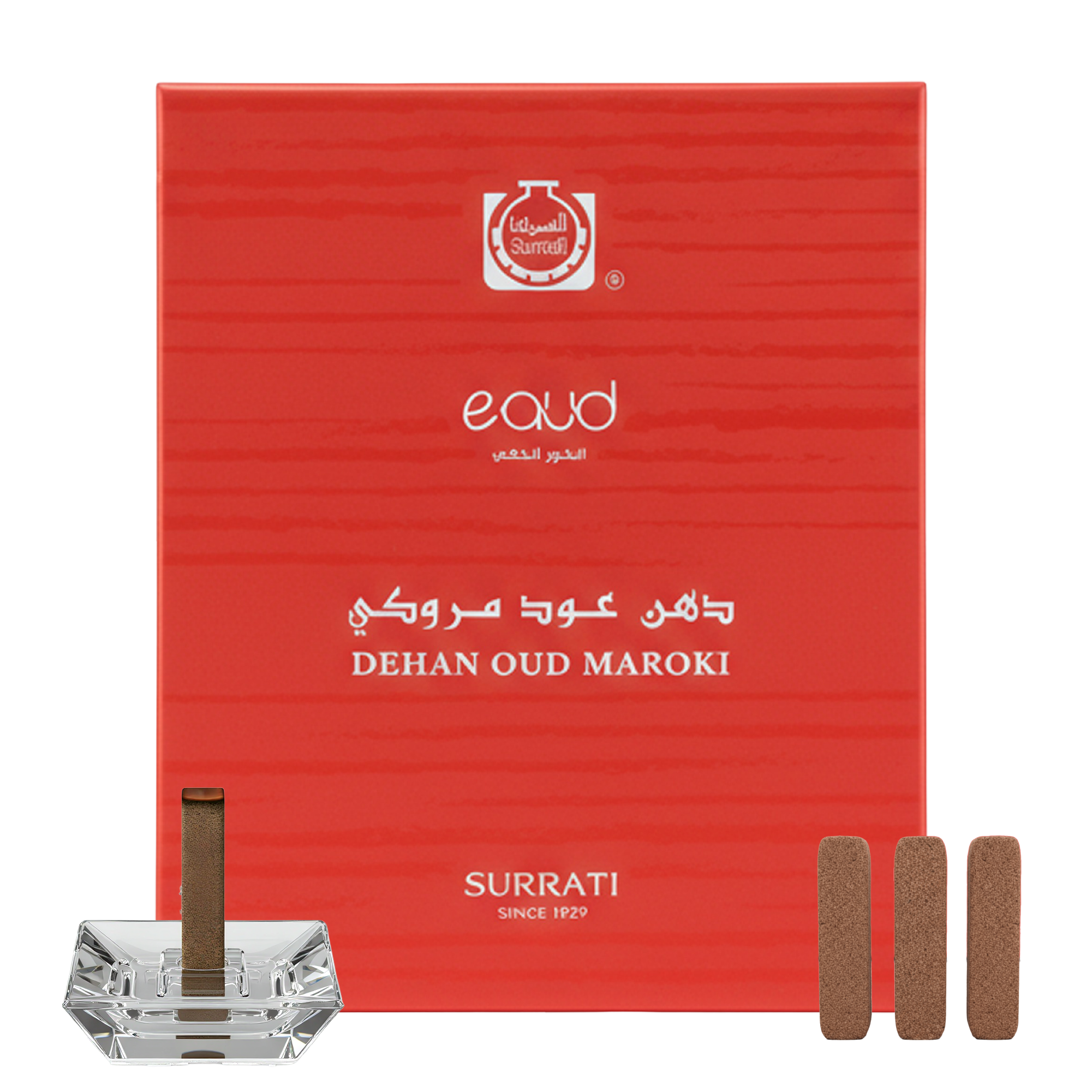 Red Surrati packaging with Dehan Oud Maroki incense sticks and a crystal holder on a white background